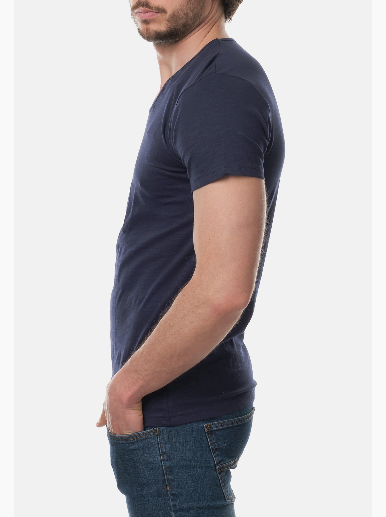 T-shirt manches courtes col V uni - Bleu marine