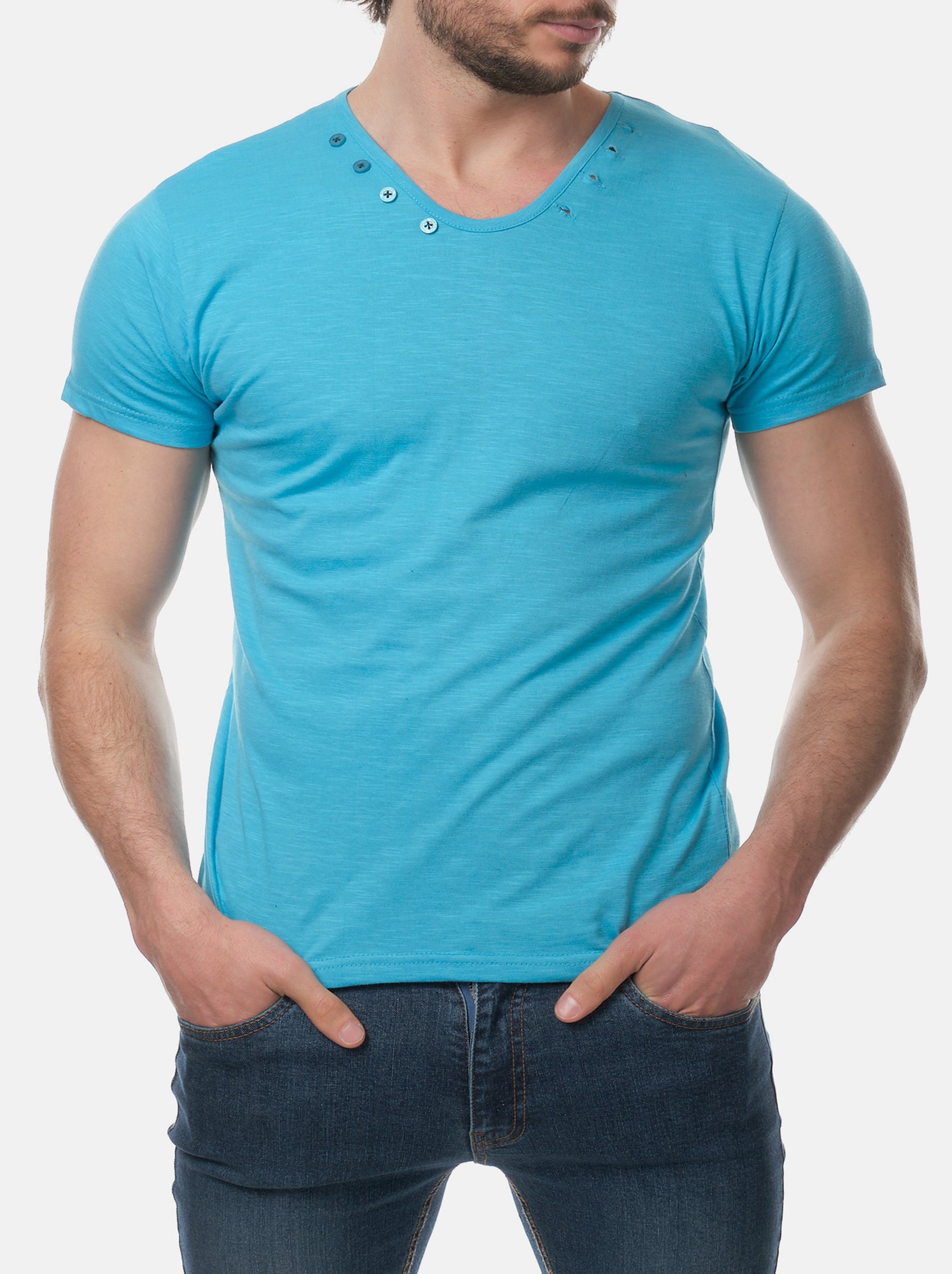 T-shirt manches courtes col V uni - Bleu turquoise