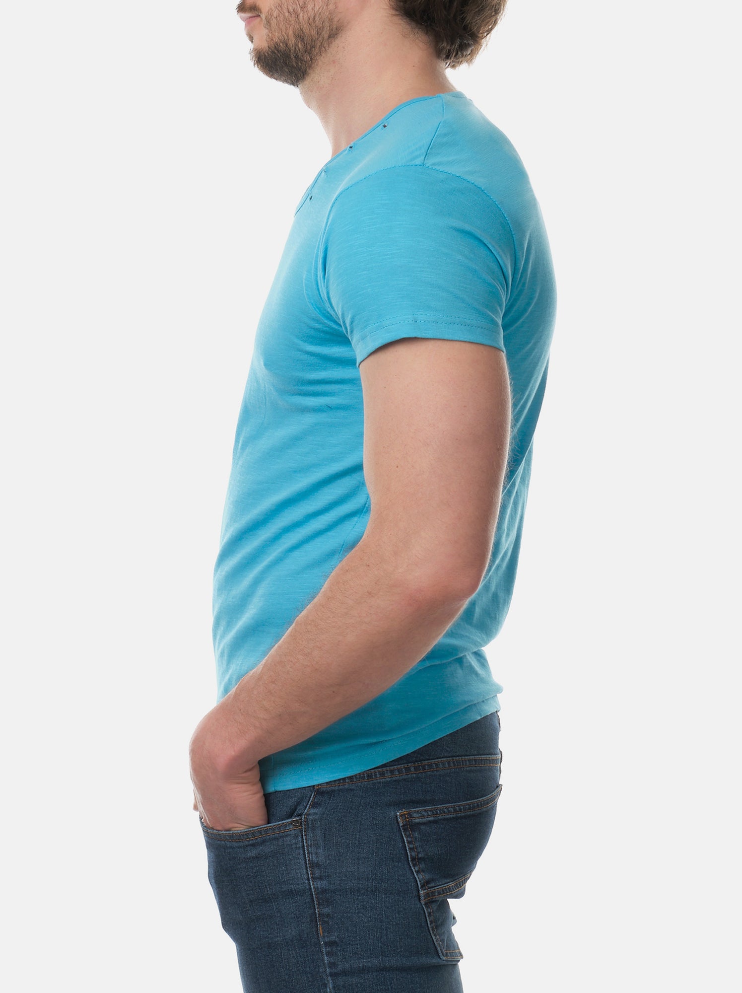 T-shirt manches courtes col V uni - Bleu turquoise