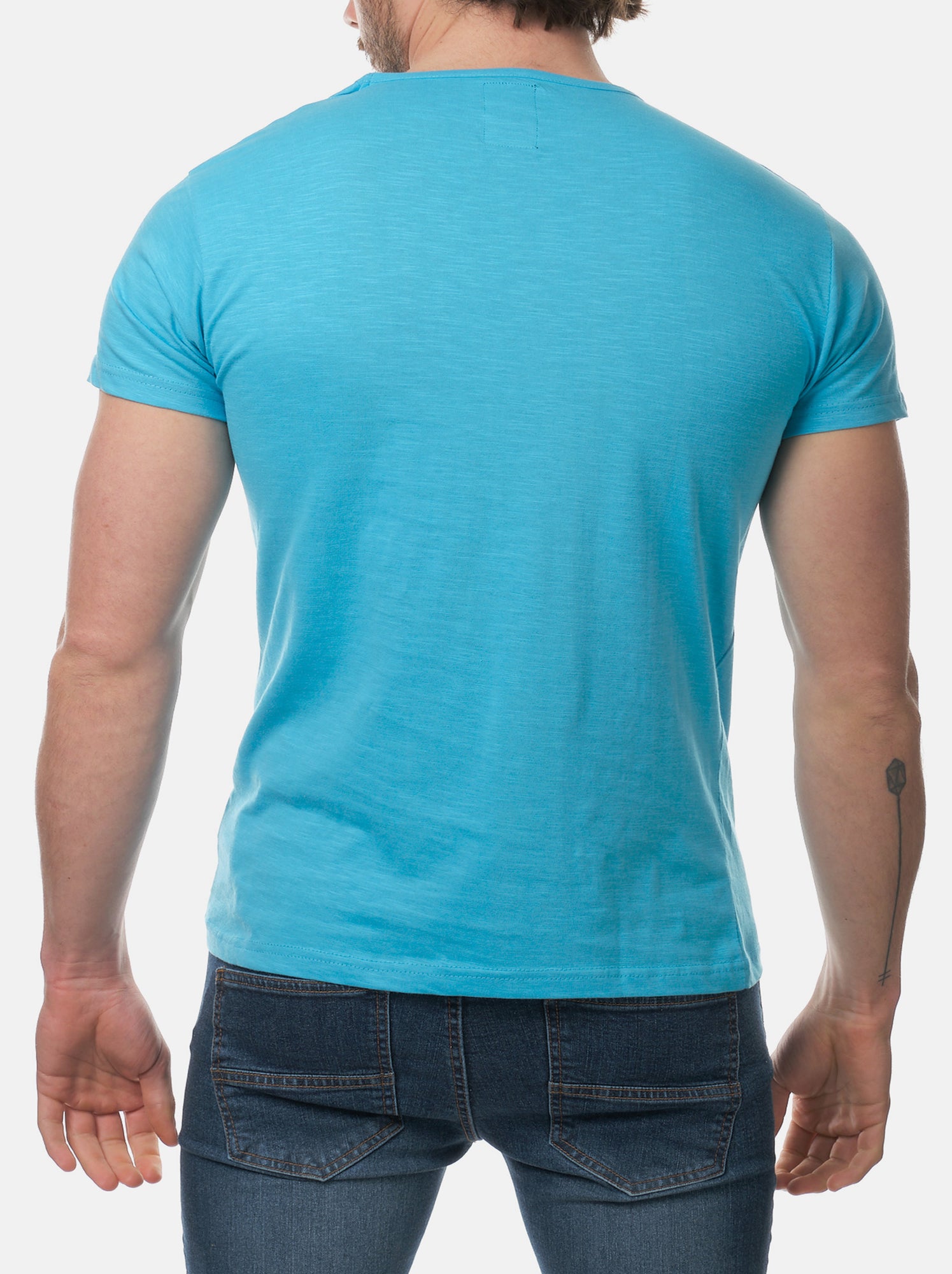 T-shirt manches courtes col V uni - Bleu turquoise