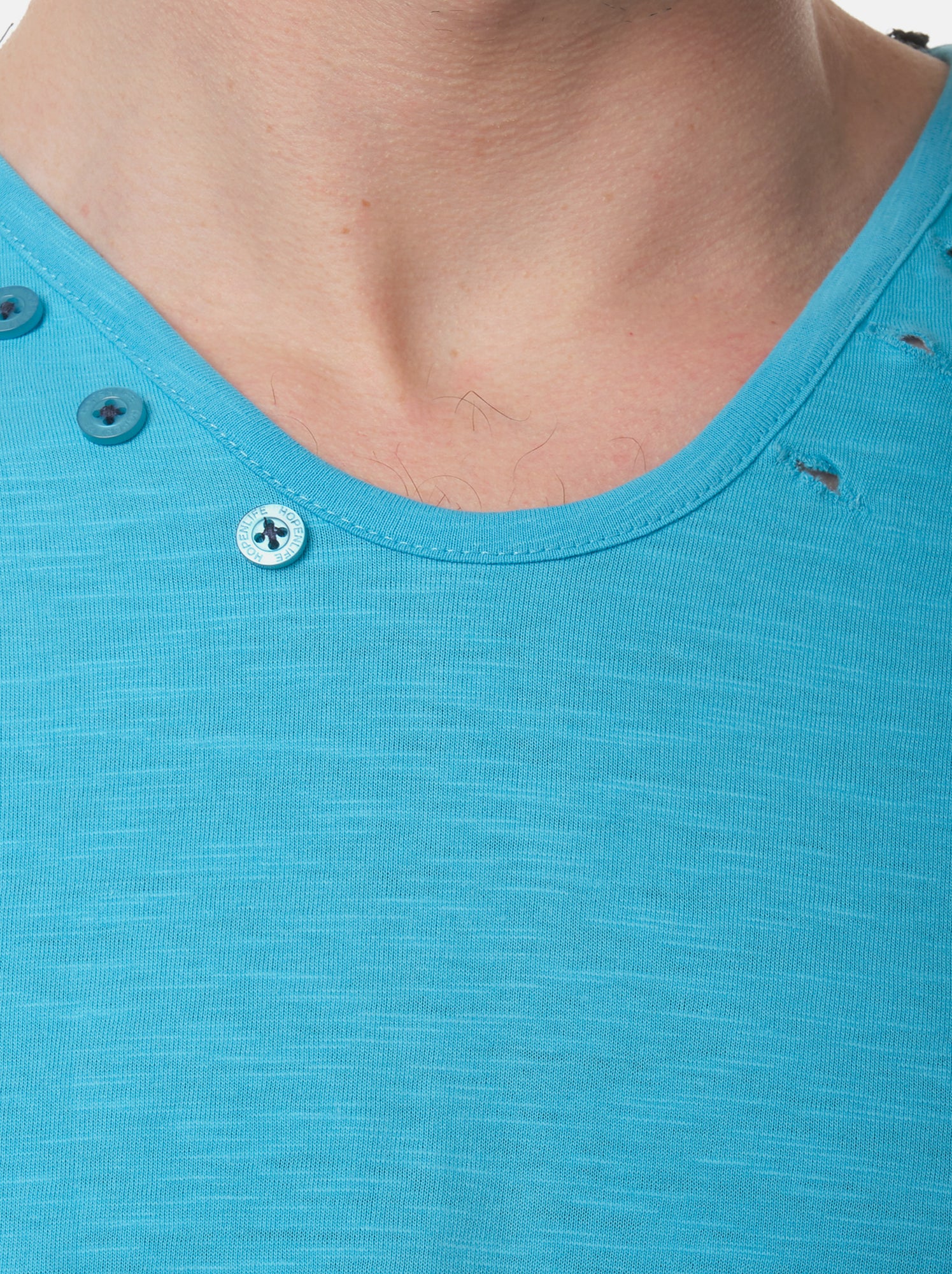 T-shirt manches courtes col V uni - Bleu turquoise