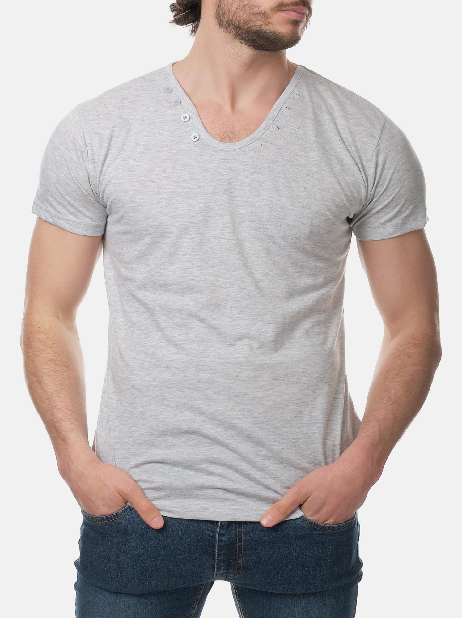 T-shirt manches courtes col V uni - Gris