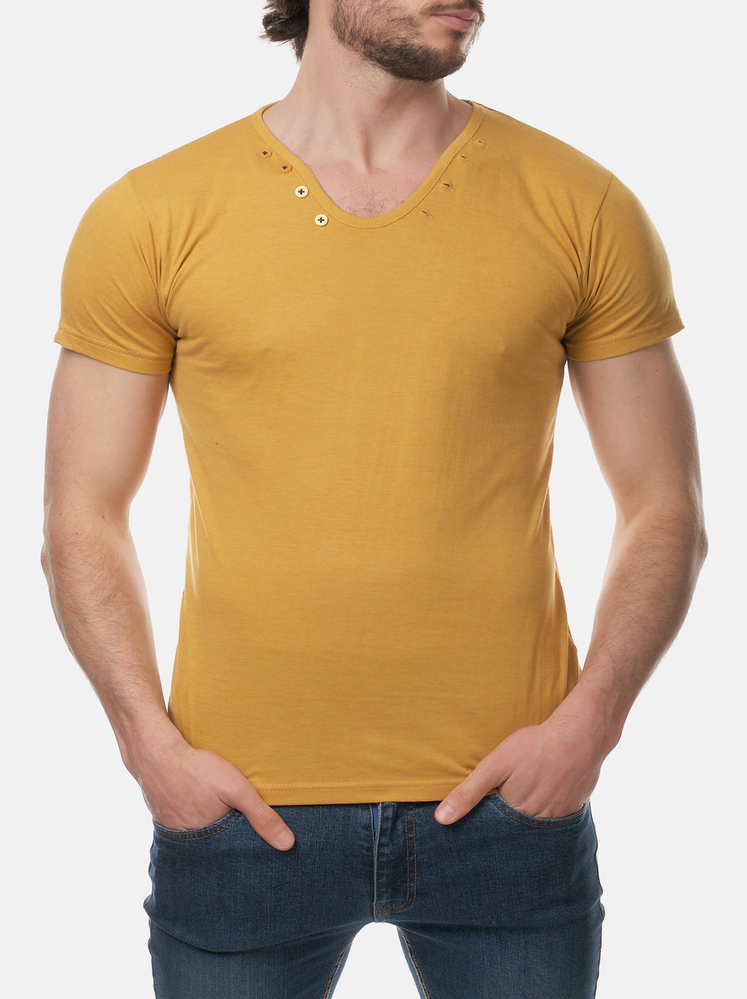 T-shirt manches courtes col V uni - Jaune paille