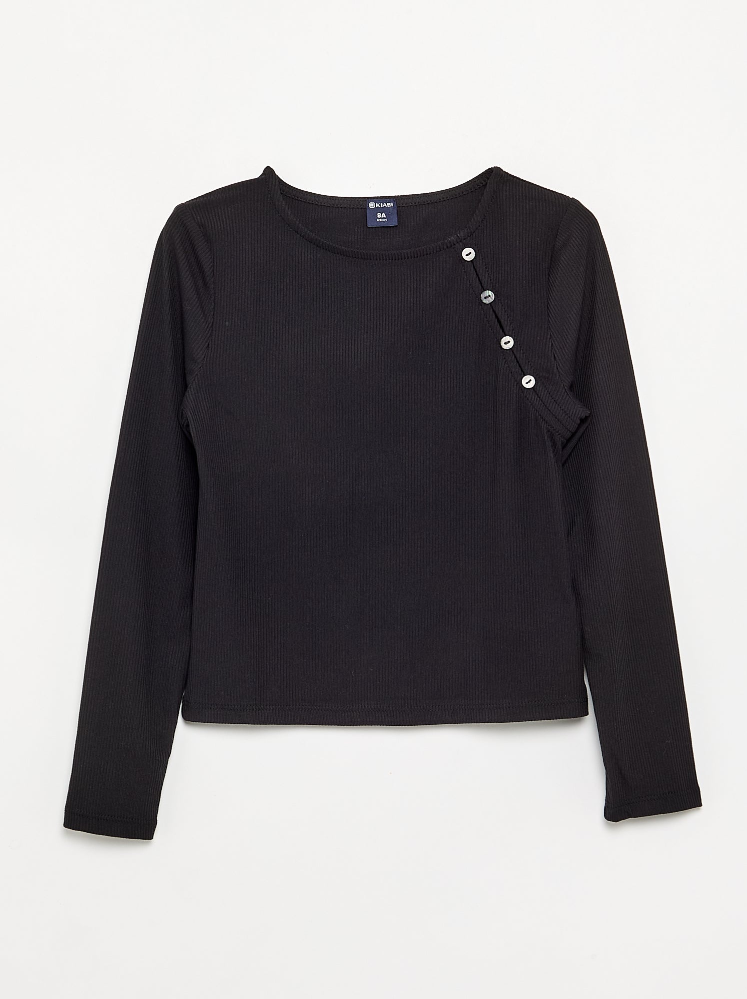 T-shirt uni en maille côtelée avec épaule boutonnée - Noir