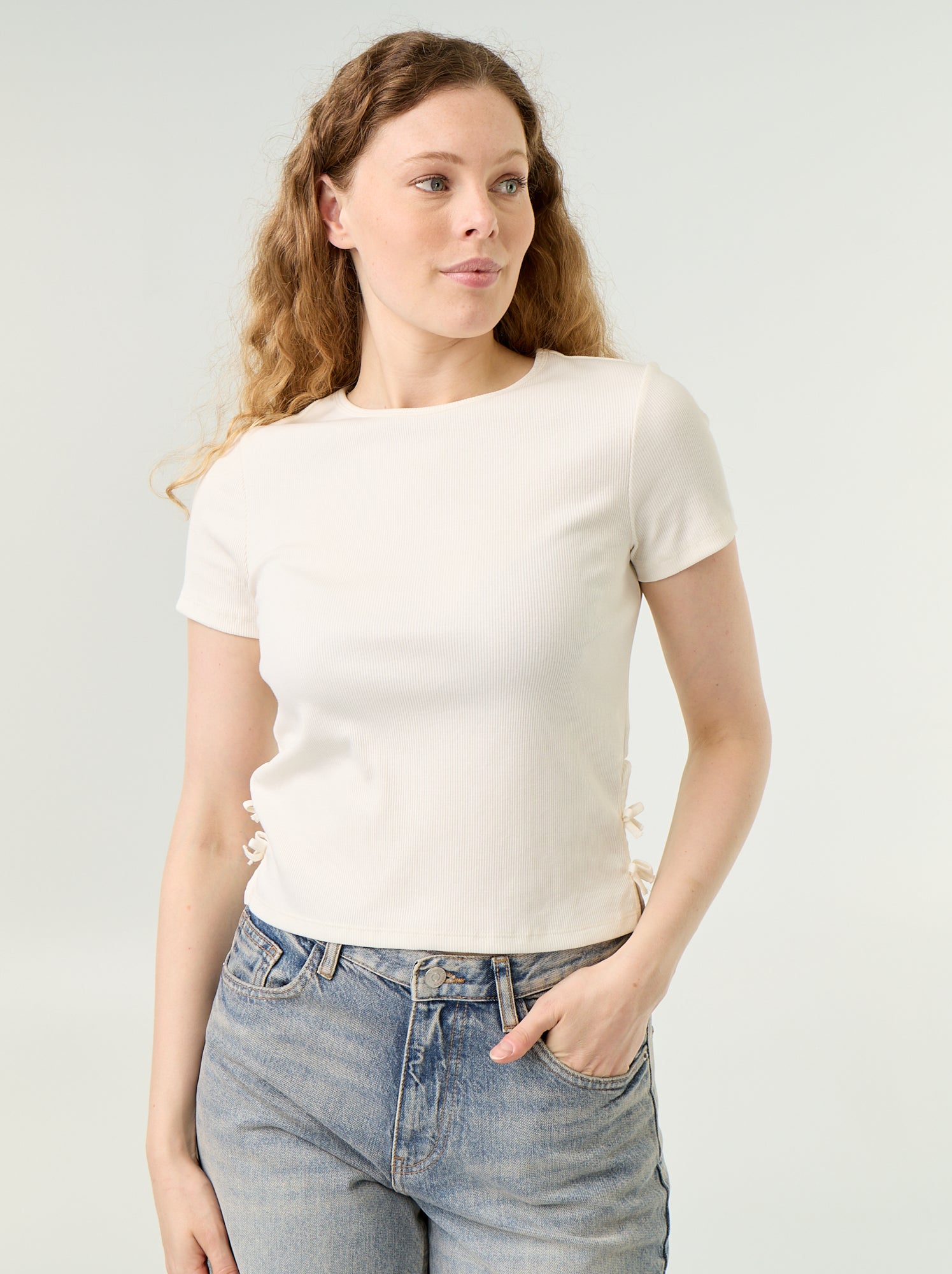 T-shirt uni en maille côtelée - Blanc