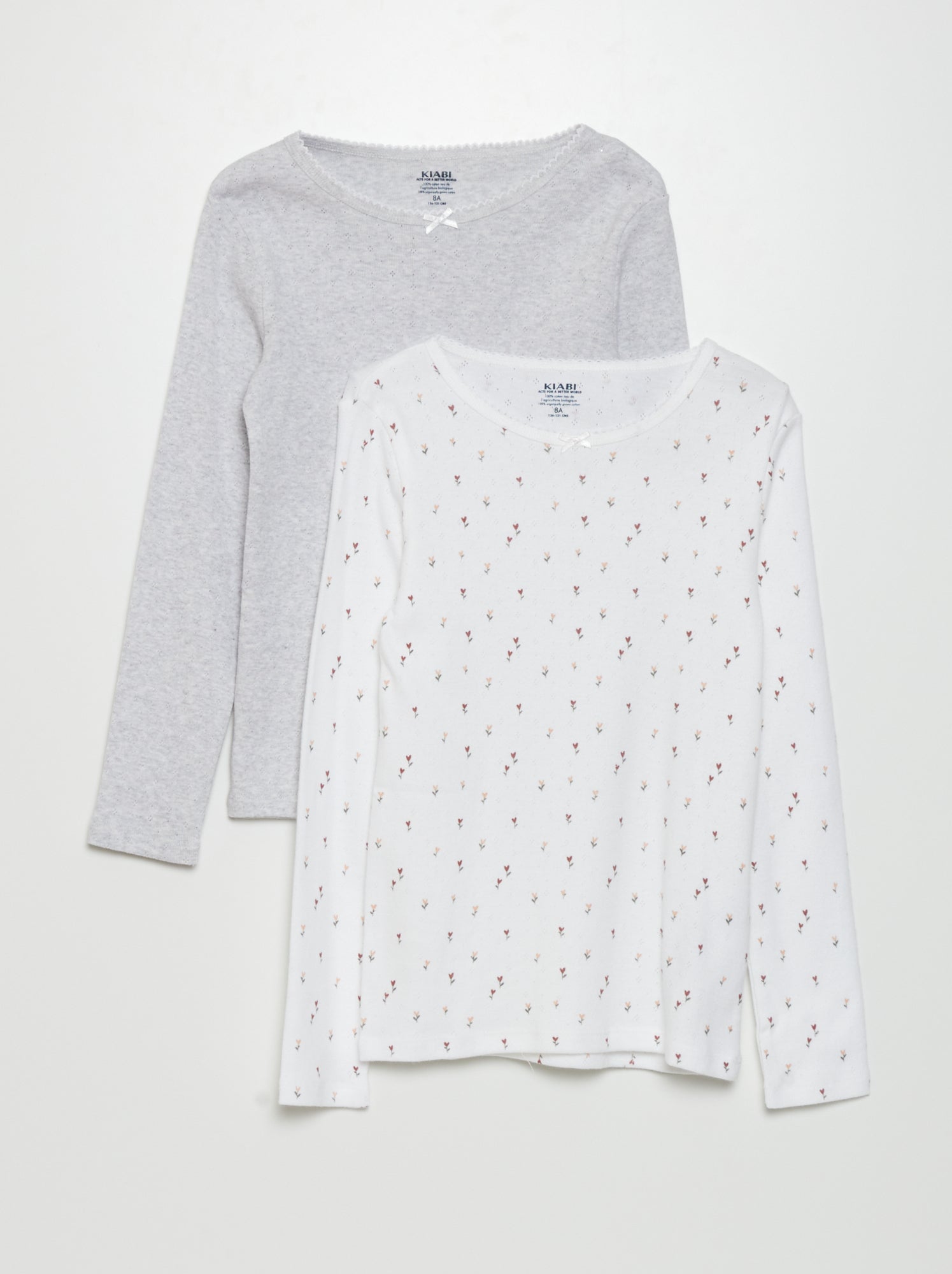 T-shirts en maille pointelle - Lot de 2 - Blanc/gris