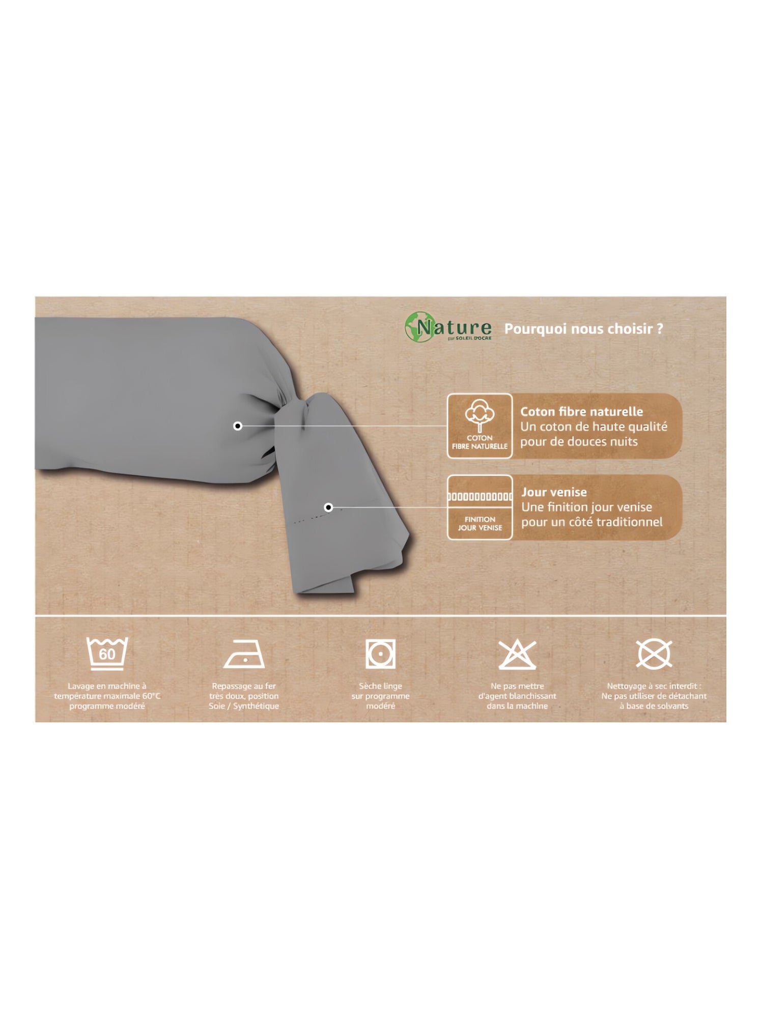 Taie de traversin en coton 45x185 cm percale, par soleil d'ocre - Gris