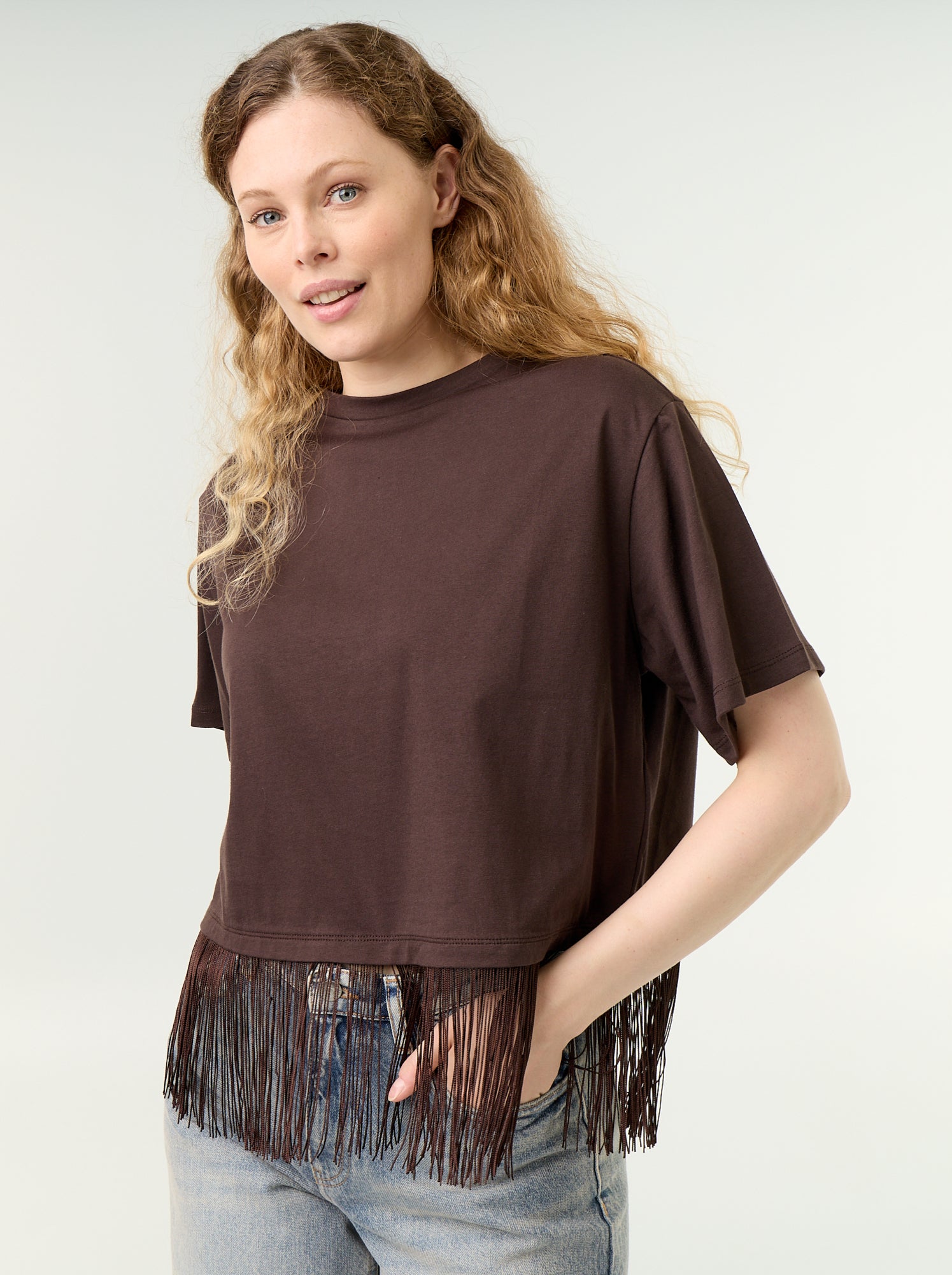 Tee-shirt basique à franges - Marron