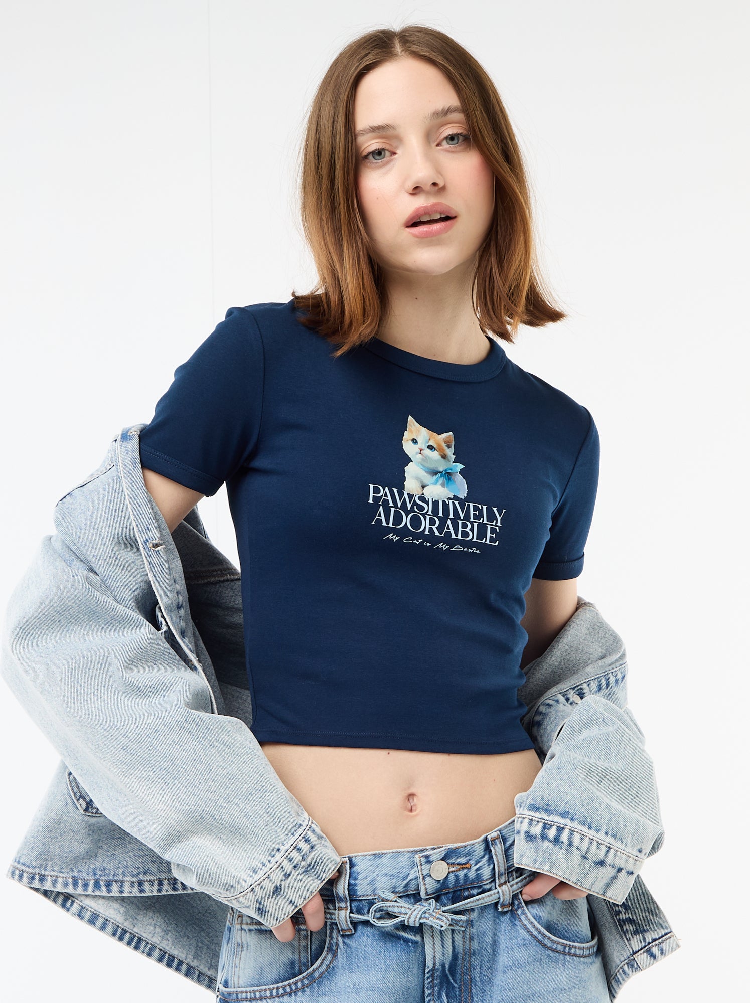 Tee-shirt cropped imprimé - Bleu