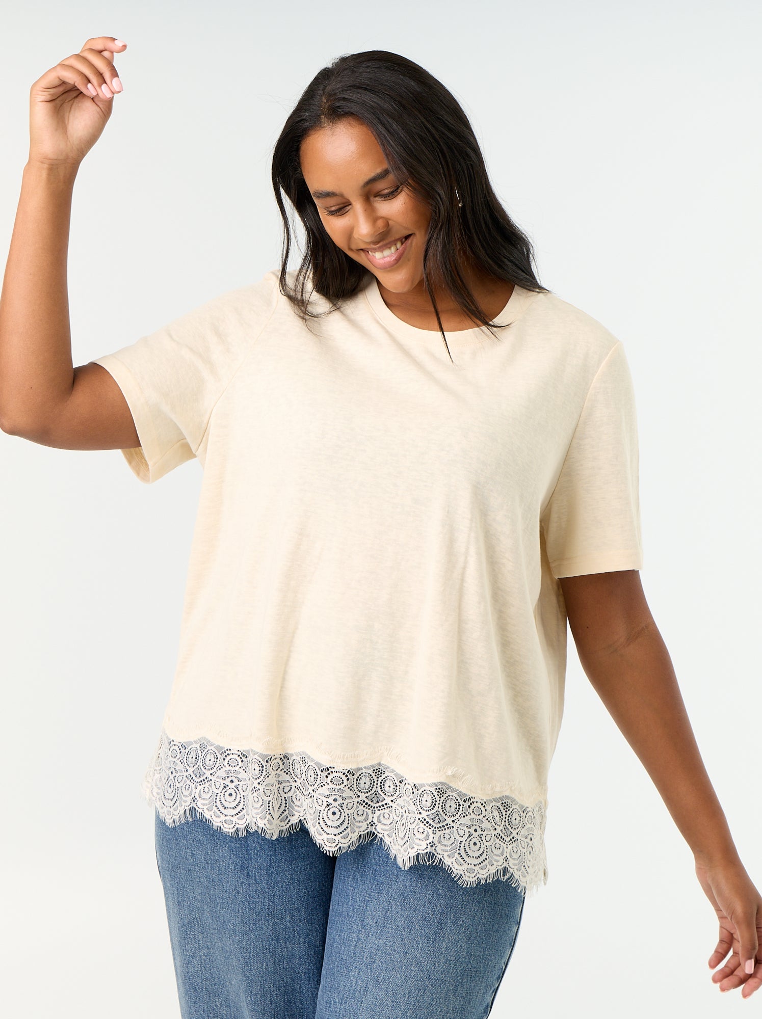 Tee-shirt maille moulinée avec base en dentelle - Beige