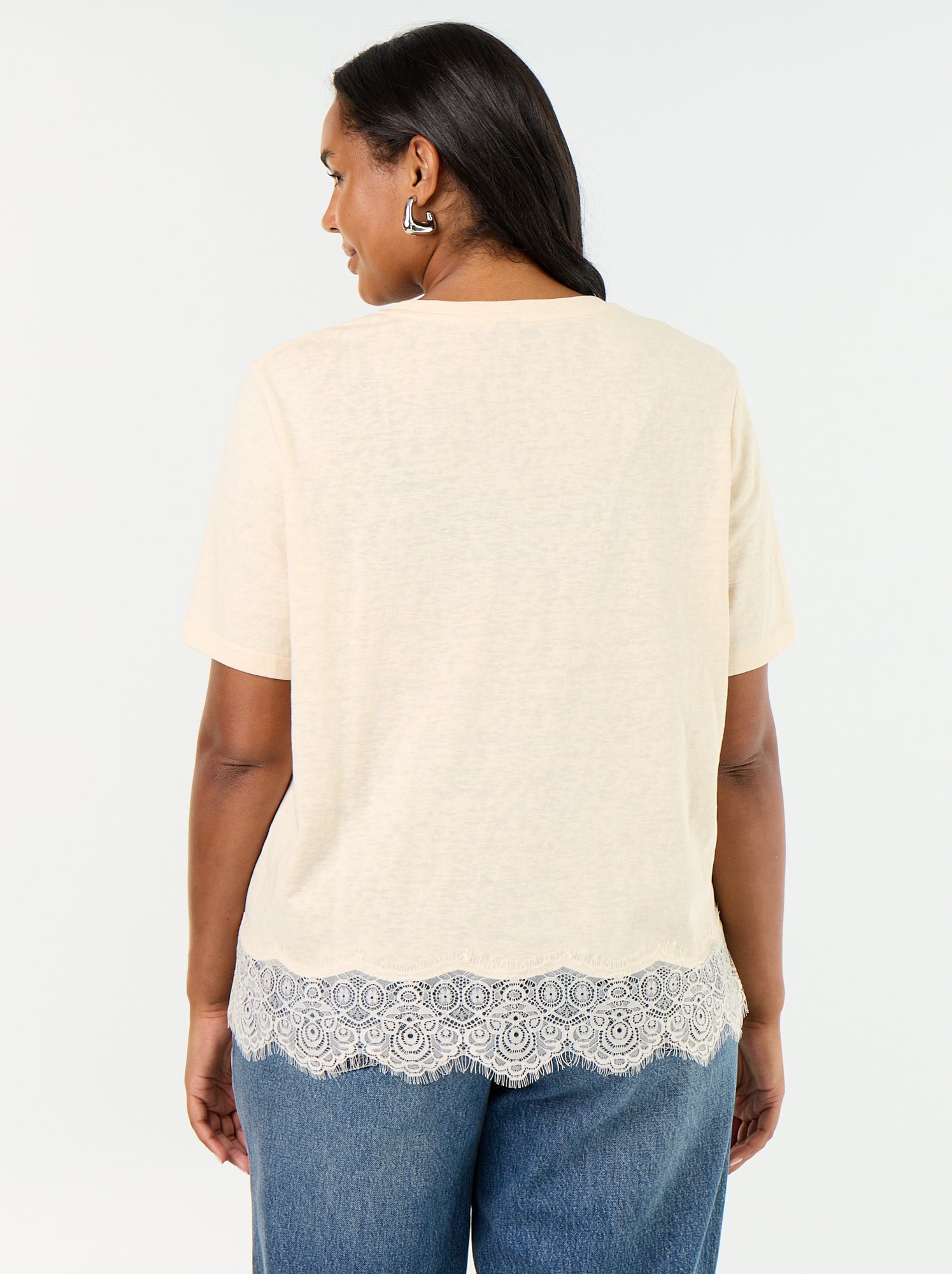 Tee-shirt maille moulinée avec base en dentelle - Beige