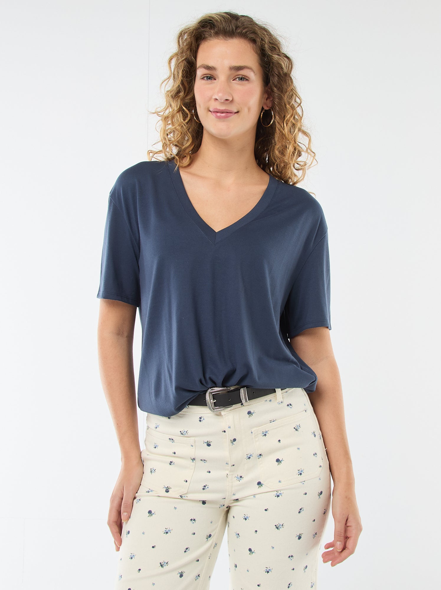 Tee-shirt manches courtes avec encolure en V - Bleu