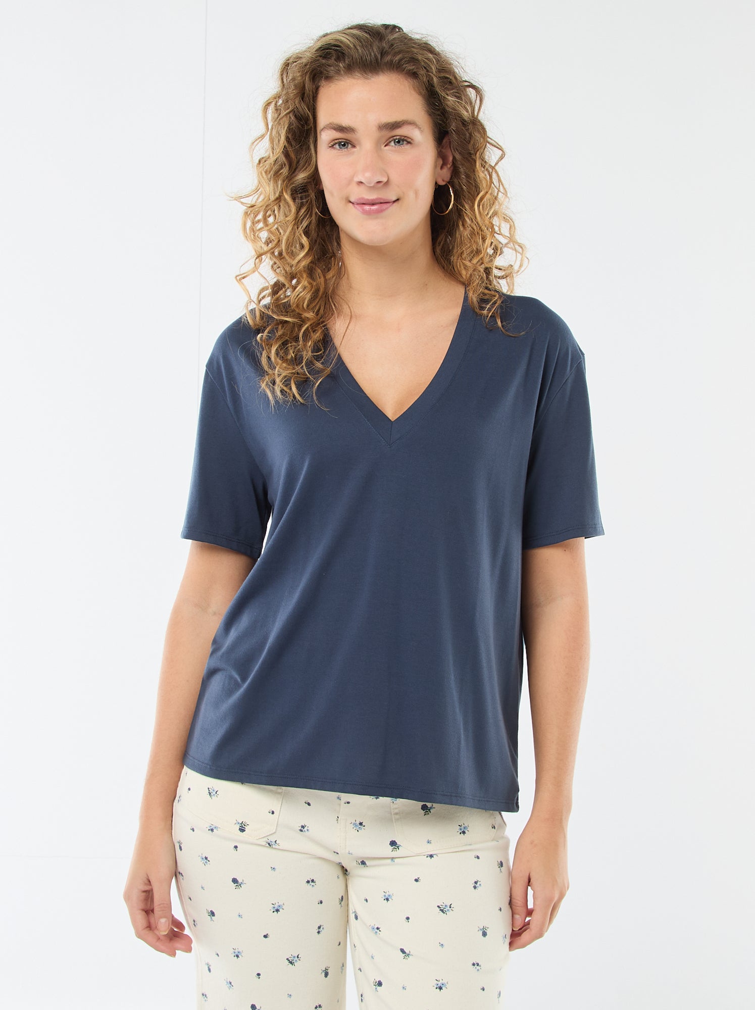 Tee-shirt manches courtes avec encolure en V - Bleu