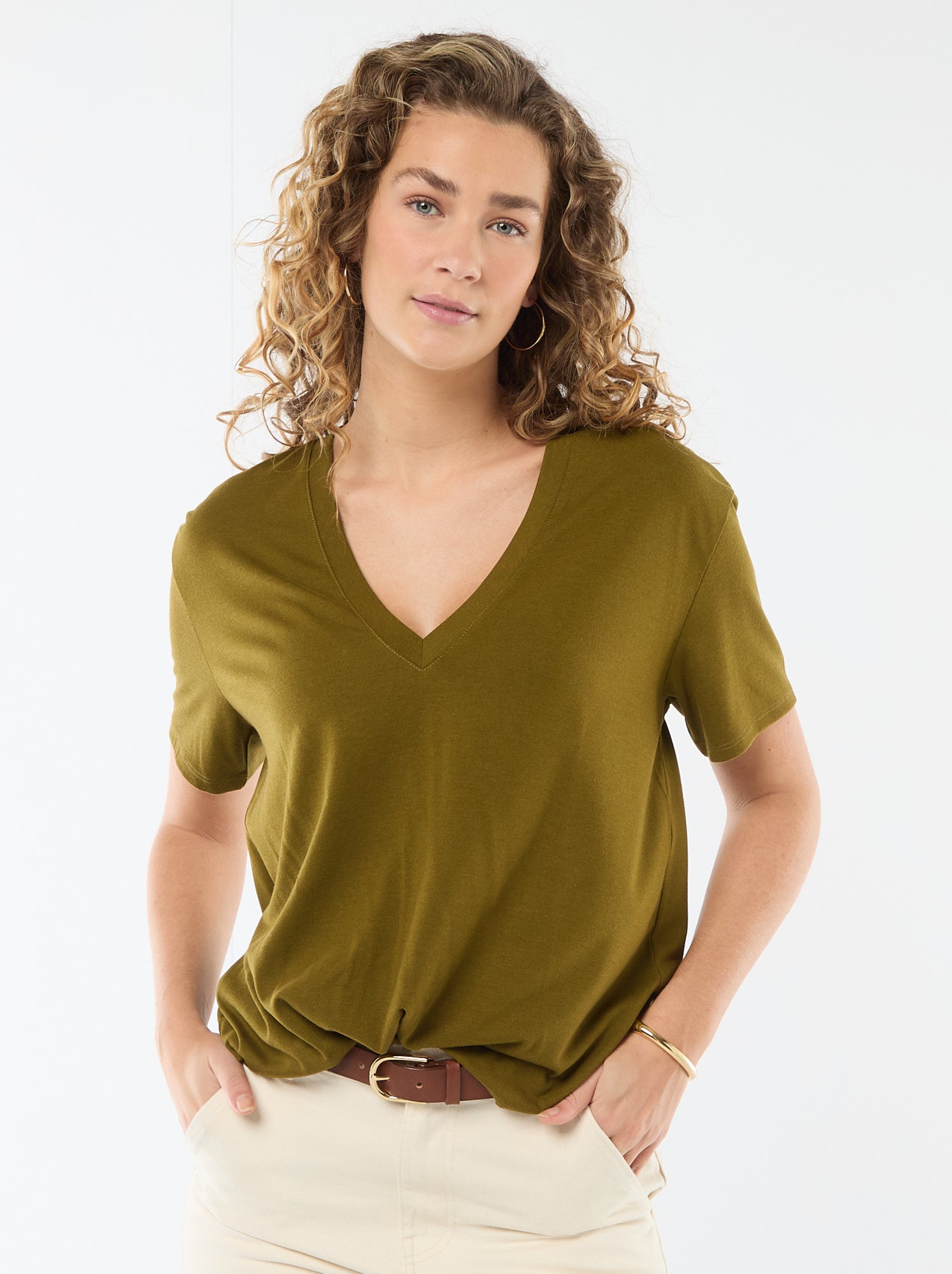 Tee-shirt manches courtes avec encolure en V - Kaki