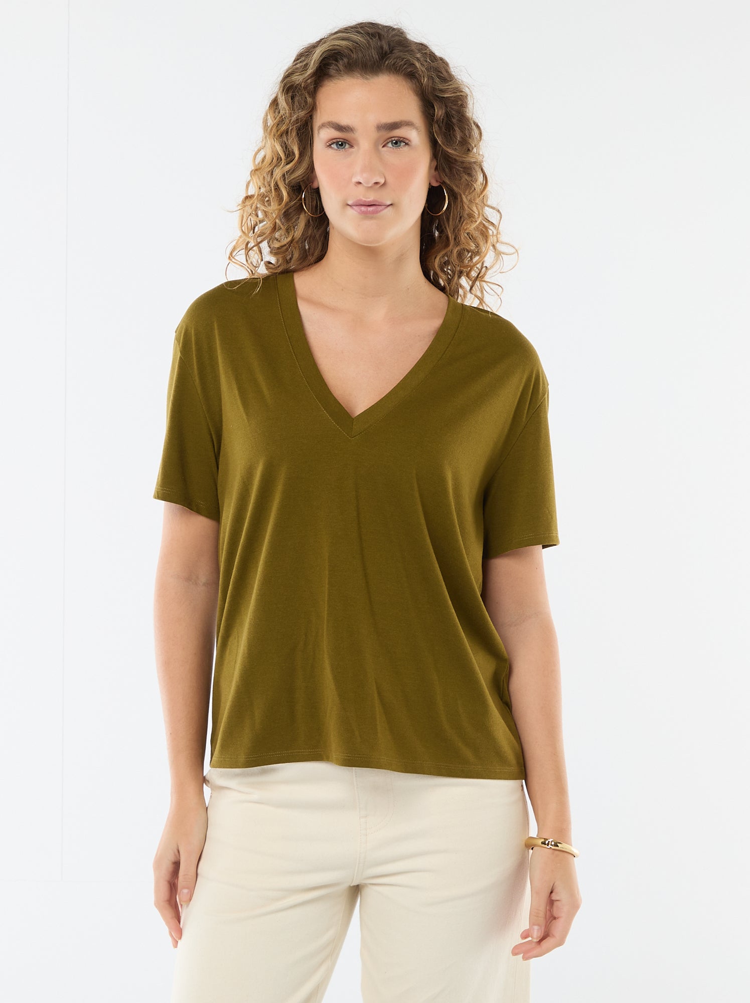 Tee-shirt manches courtes avec encolure en V - Kaki