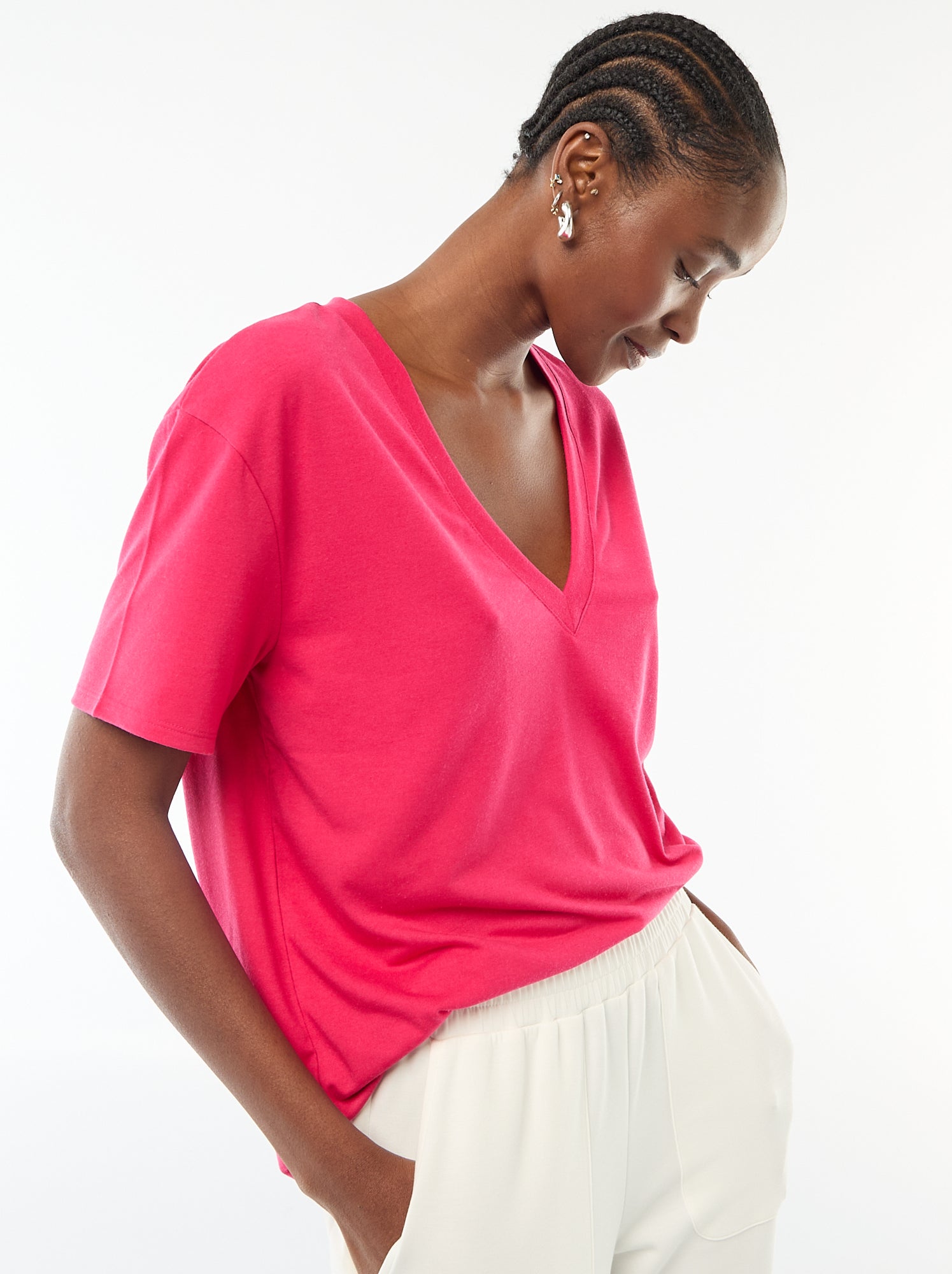 Tee-shirt manches courtes avec encolure en V - Rose (DOK76_12)