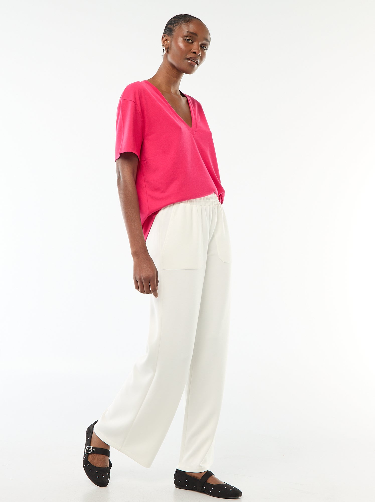 Tee-shirt manches courtes avec encolure en V - Rose (DOK76_12)