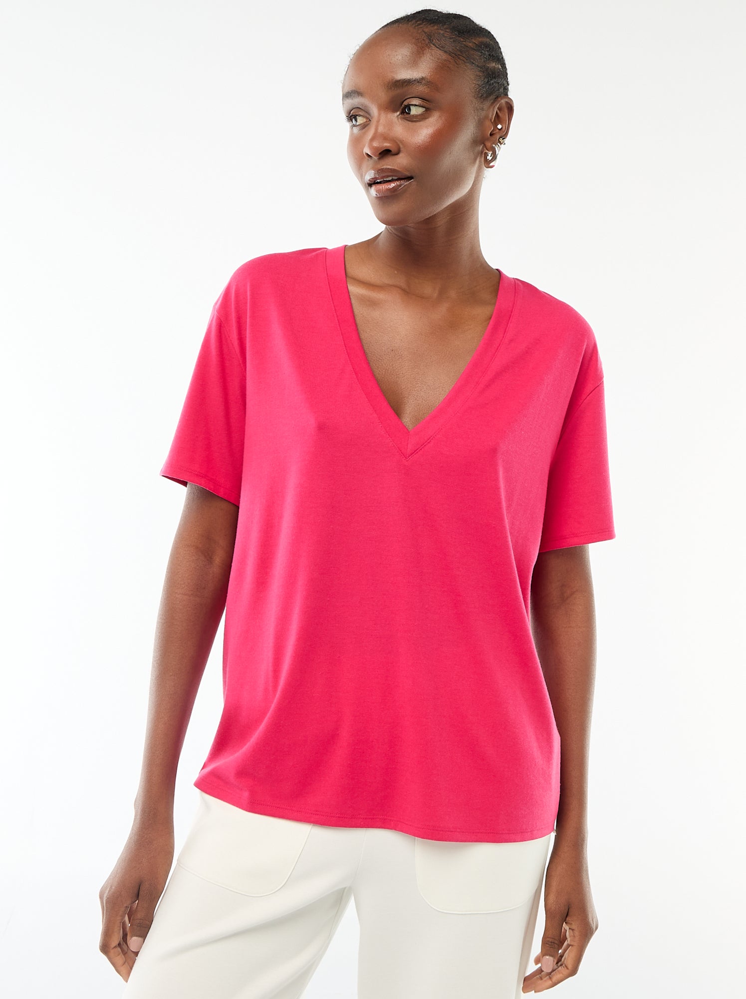 Tee-shirt manches courtes avec encolure en V - Rose (DOK76_12)