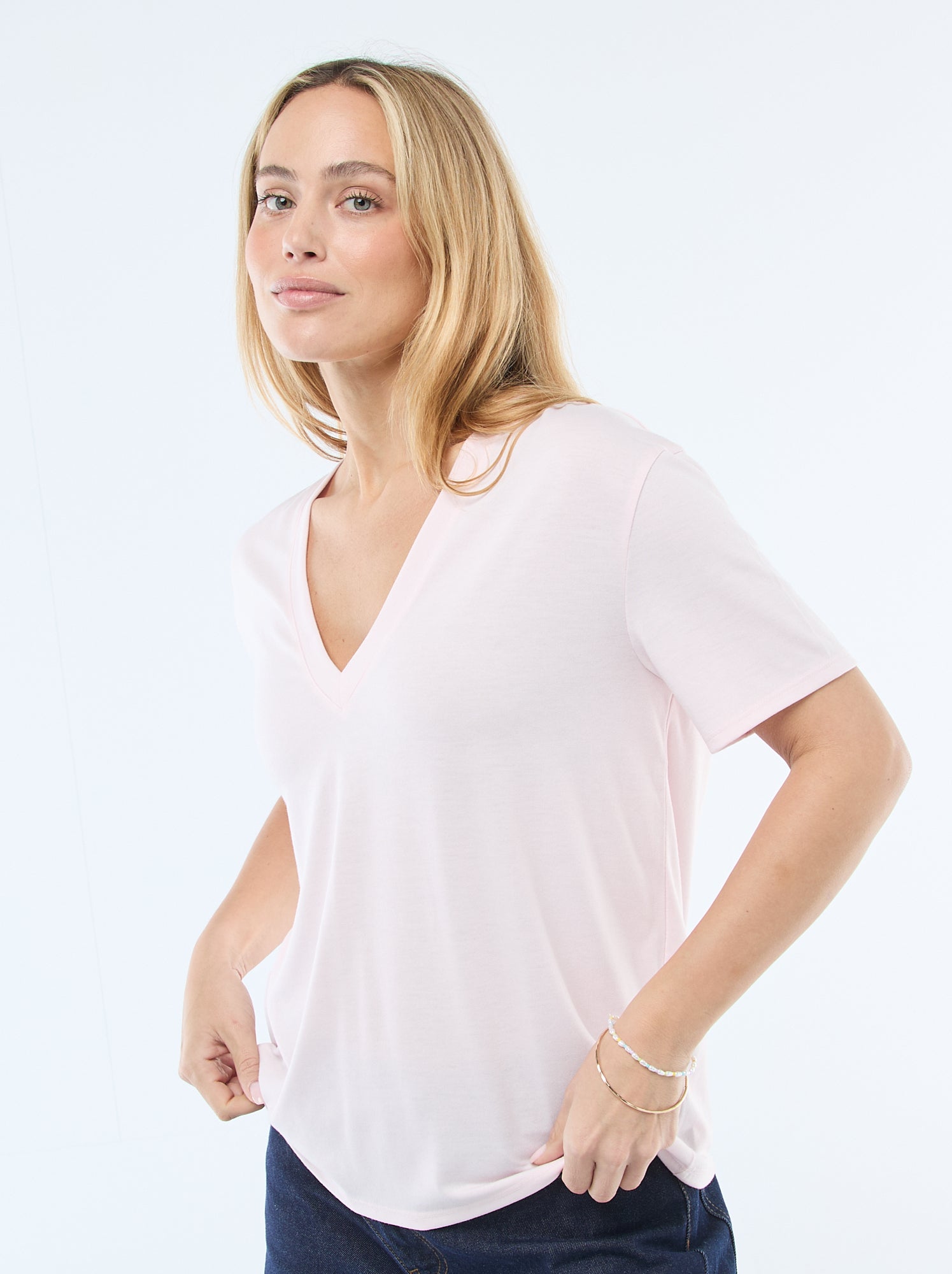 Tee-shirt manches courtes avec encolure en V - Rose (DOK76_17)