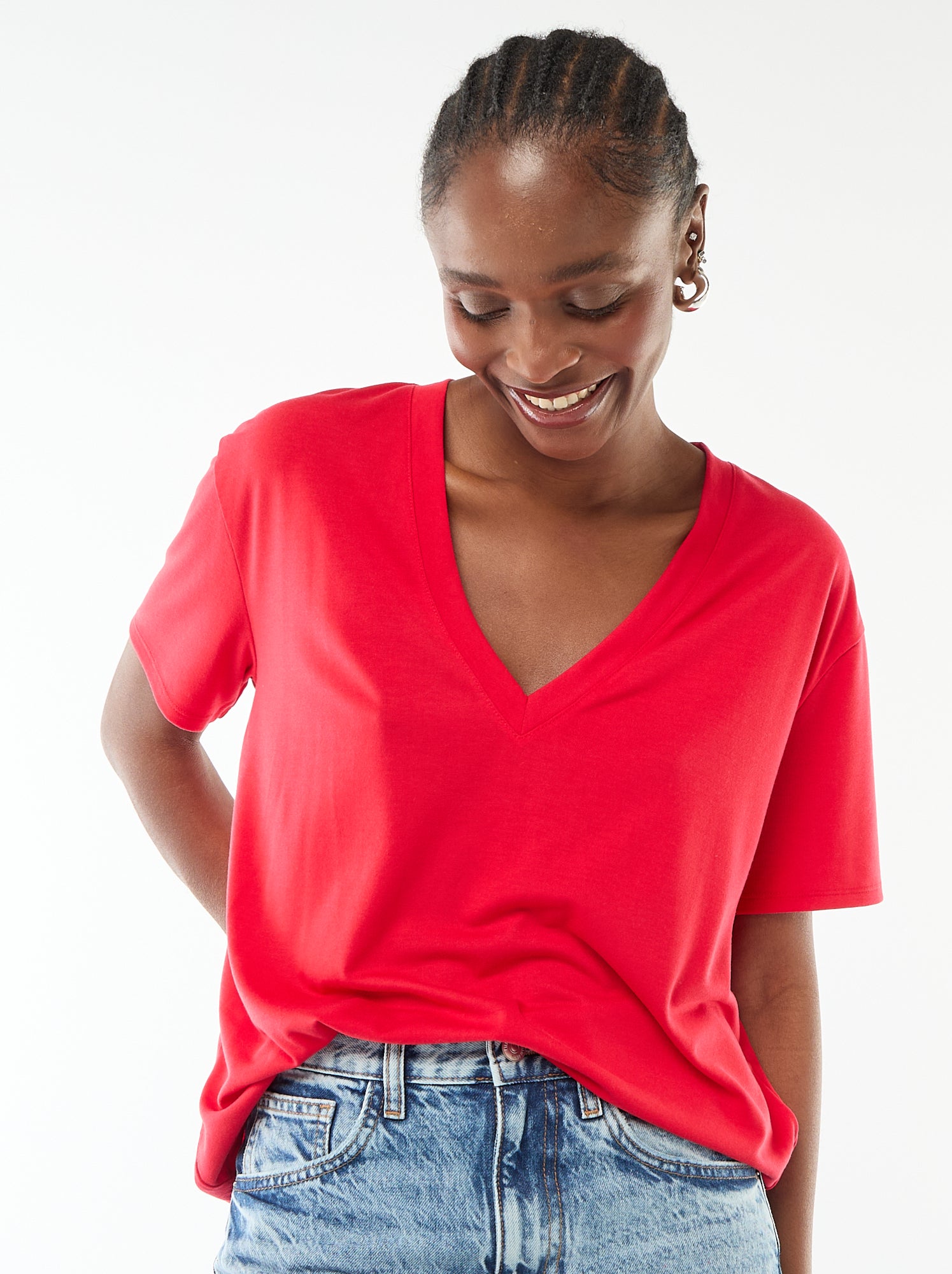 Tee-shirt manches courtes avec encolure en V - Rouge