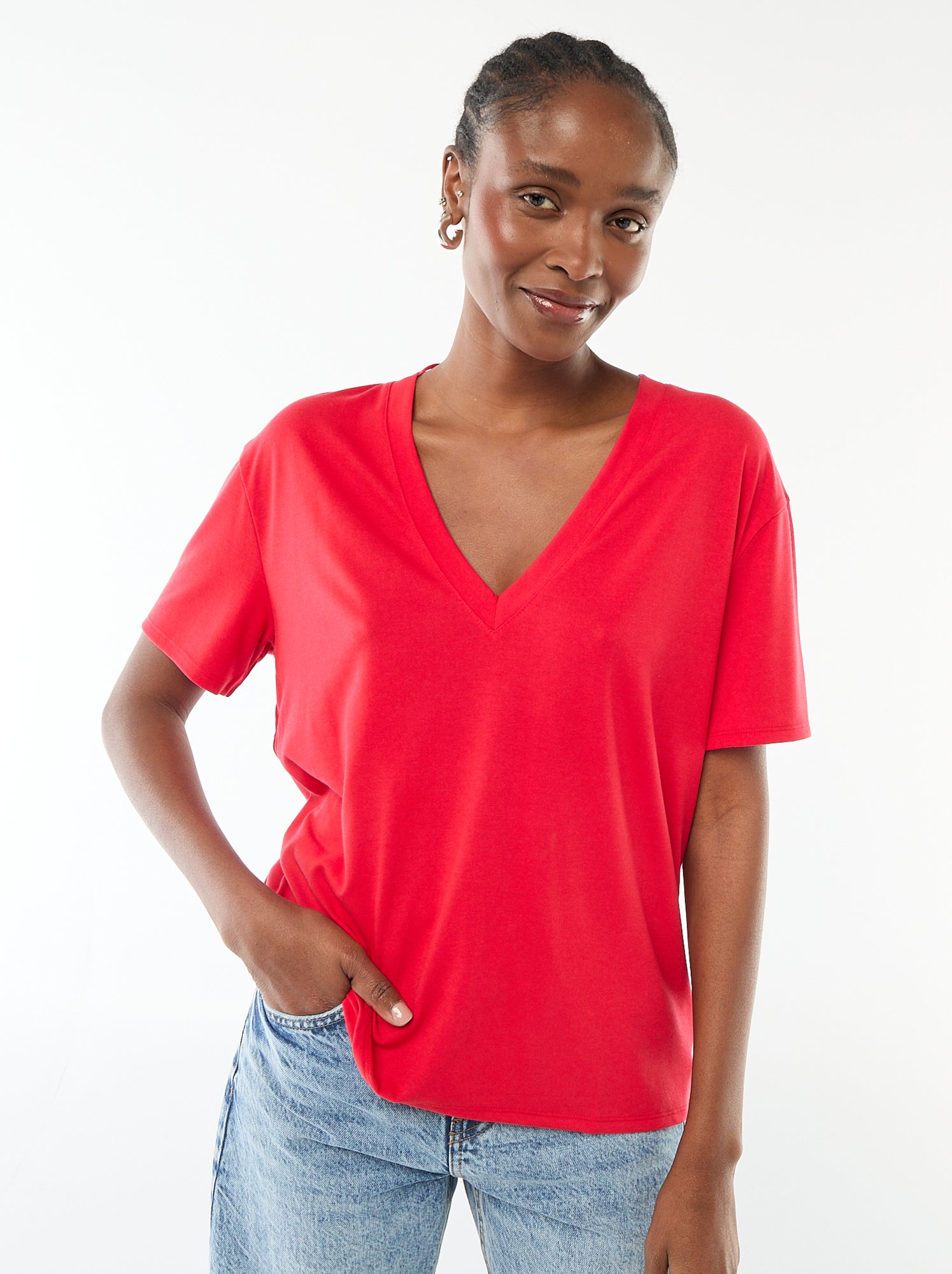 Tee-shirt manches courtes avec encolure en V - Rouge