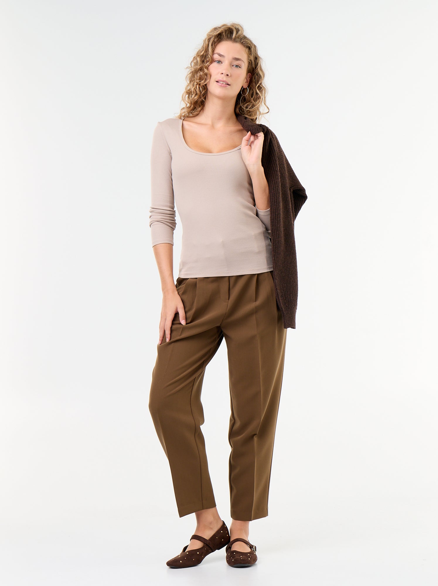 Tee-shirt manches longues en rib - Beige