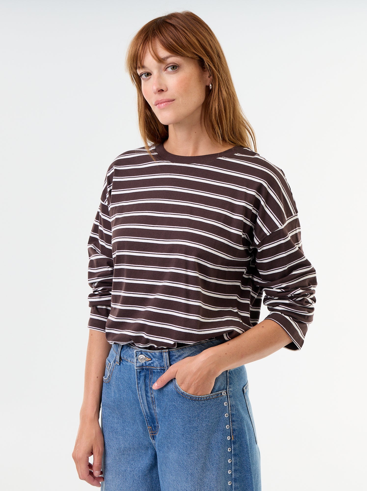 Tee-shirt manches longues rayé - Marron