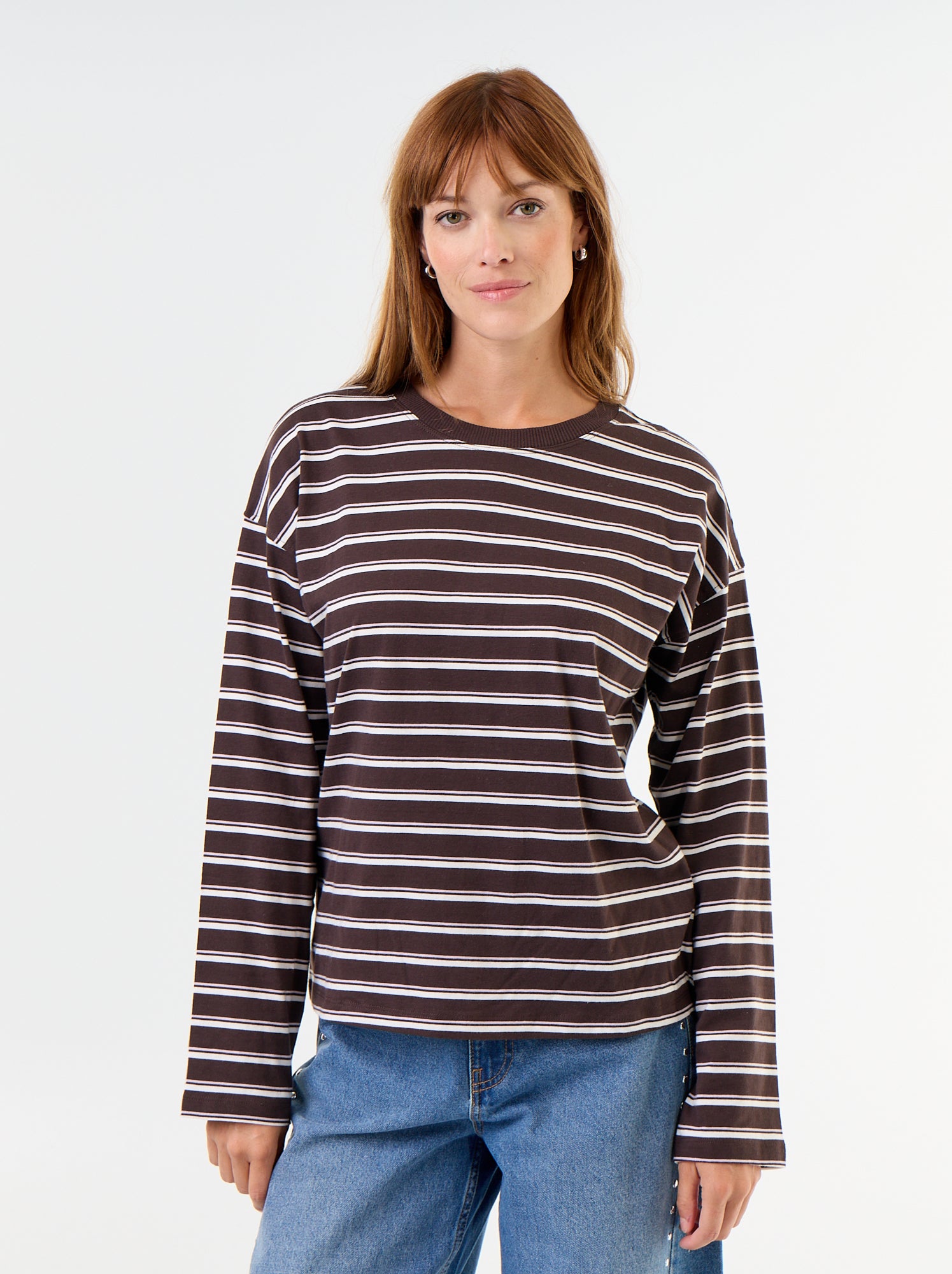 Tee-shirt manches longues rayé - Marron