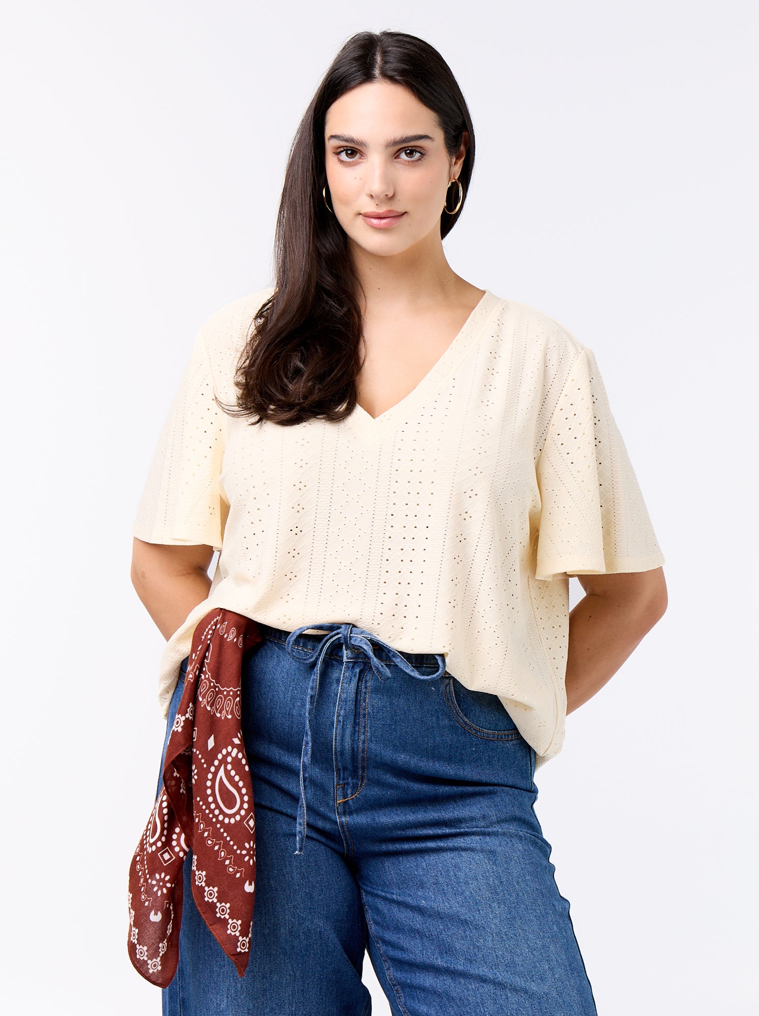 Tee-shirt uni en maille ajourée - Beige