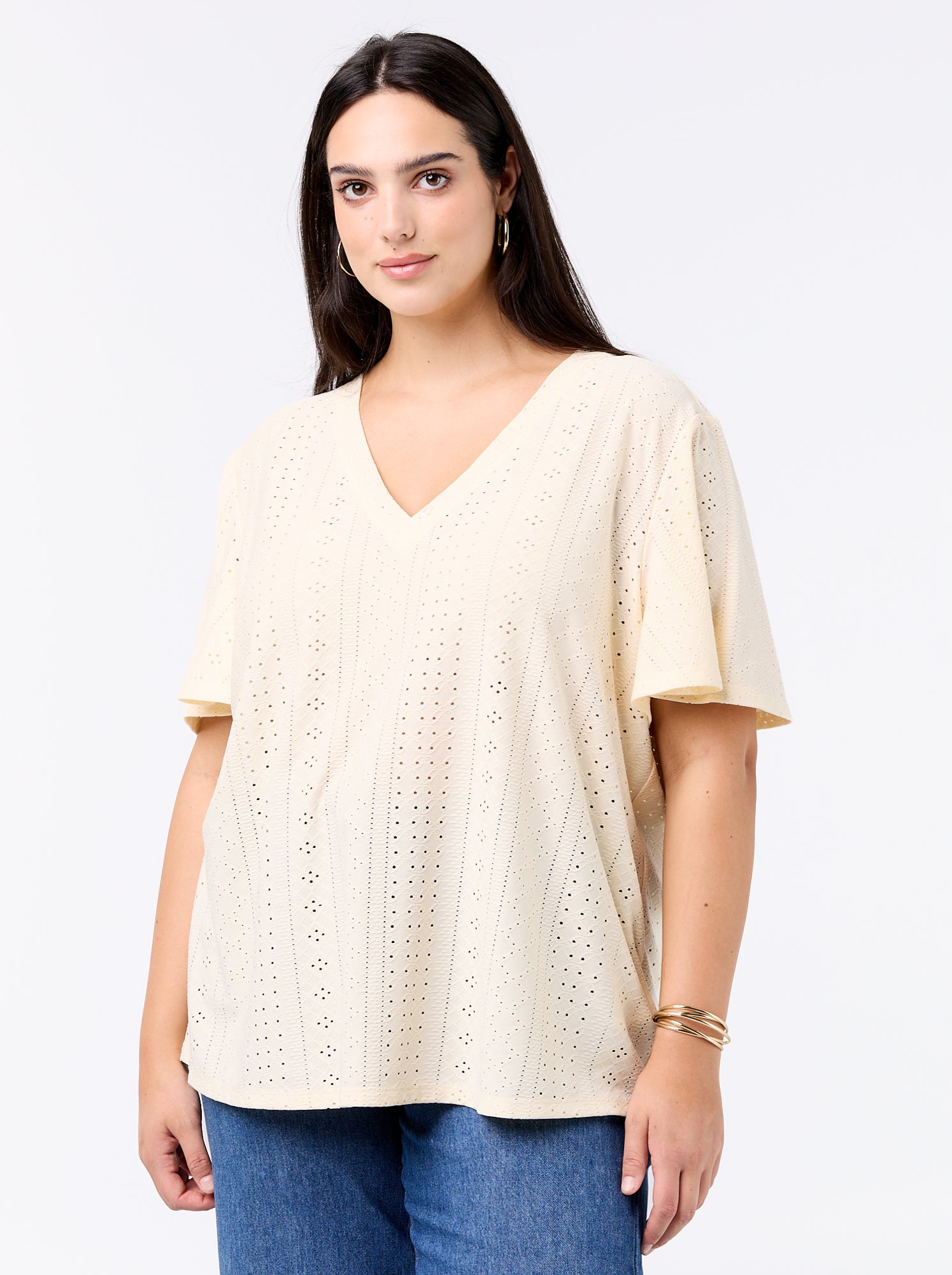Tee-shirt uni en maille ajourée - Beige