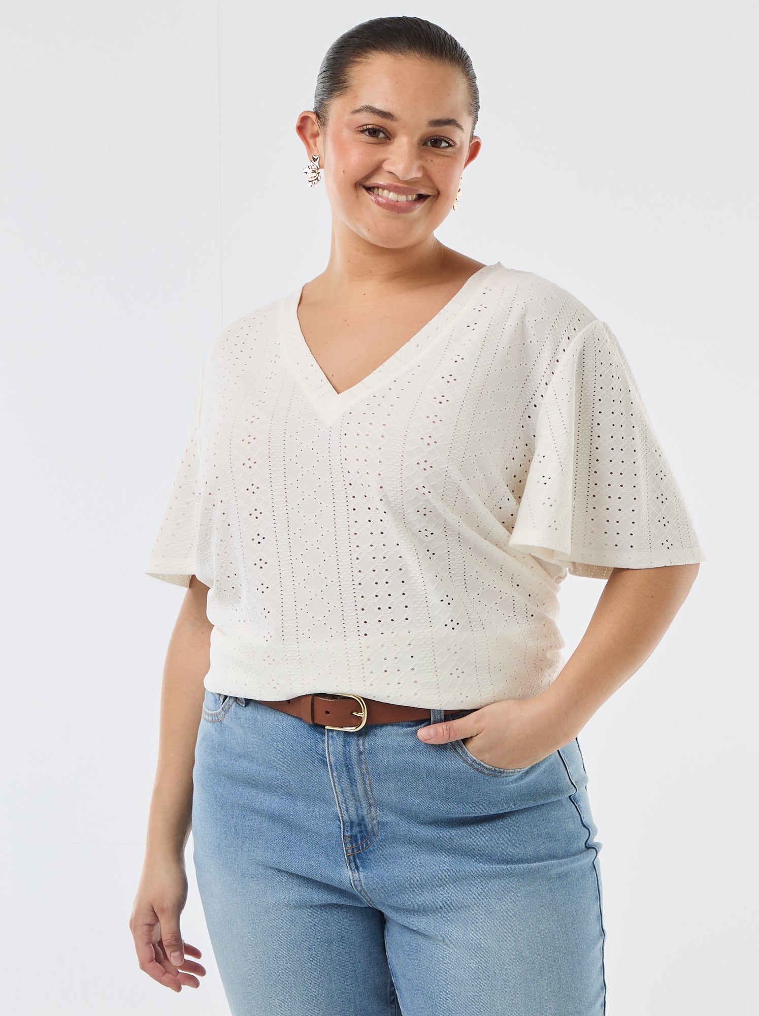 Tee-shirt uni en maille ajourée - Blanc