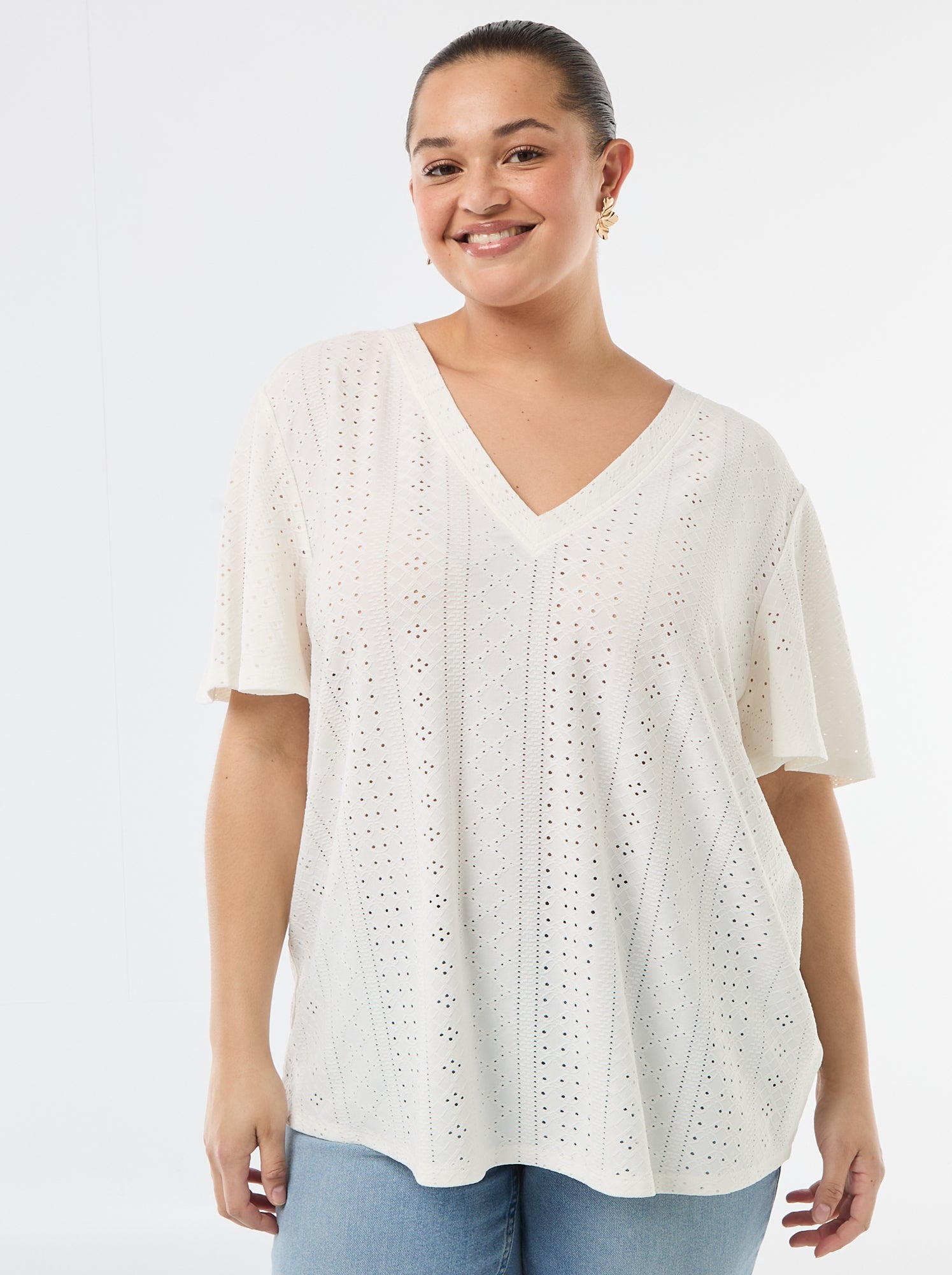 Tee-shirt uni en maille ajourée - Blanc
