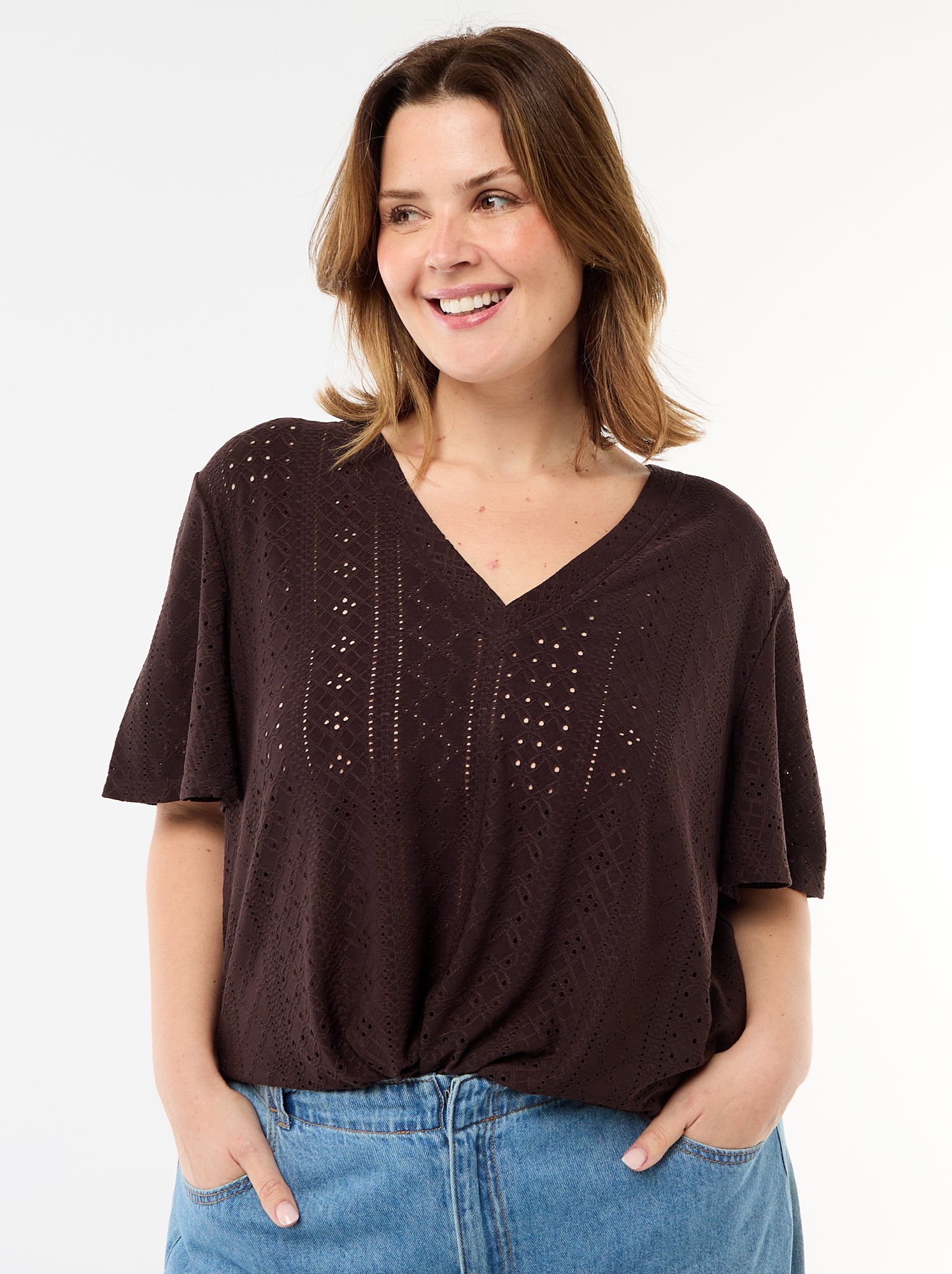 Tee-shirt uni en maille ajourée - Marron