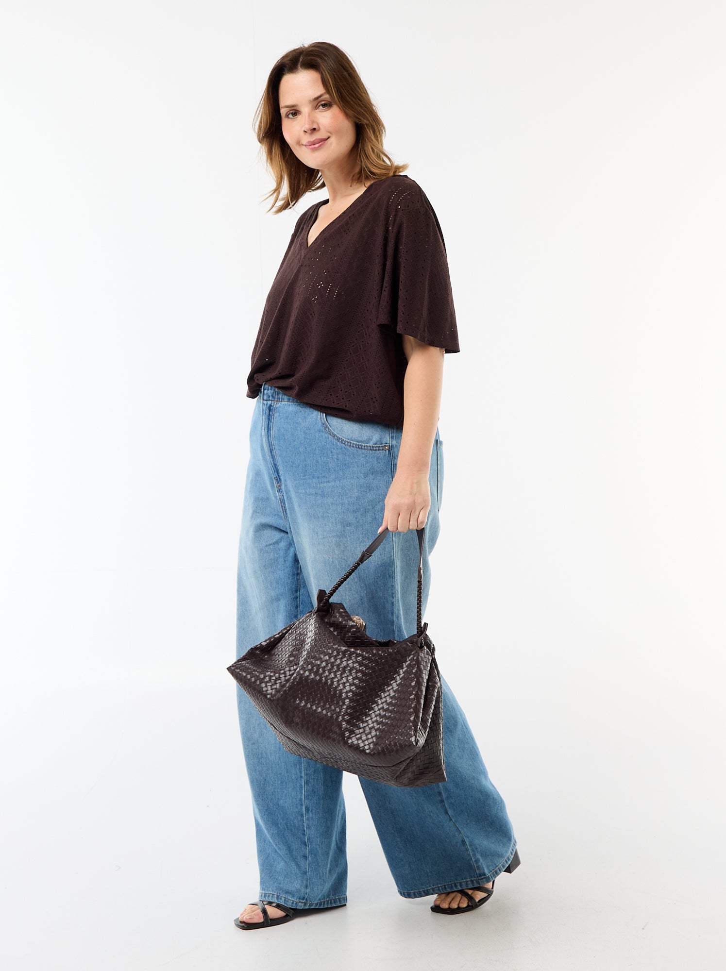Tee-shirt uni en maille ajourée - Marron