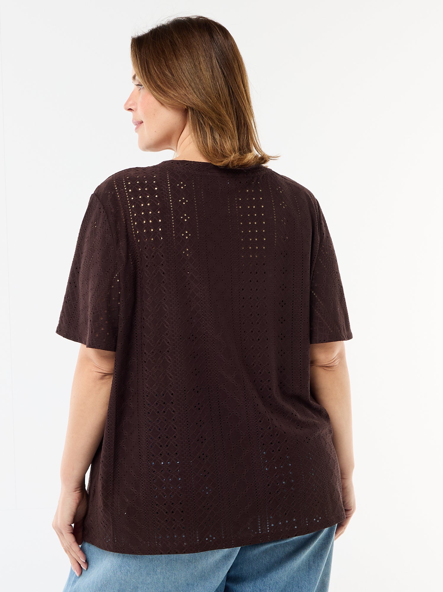 Tee-shirt uni en maille ajourée - Marron