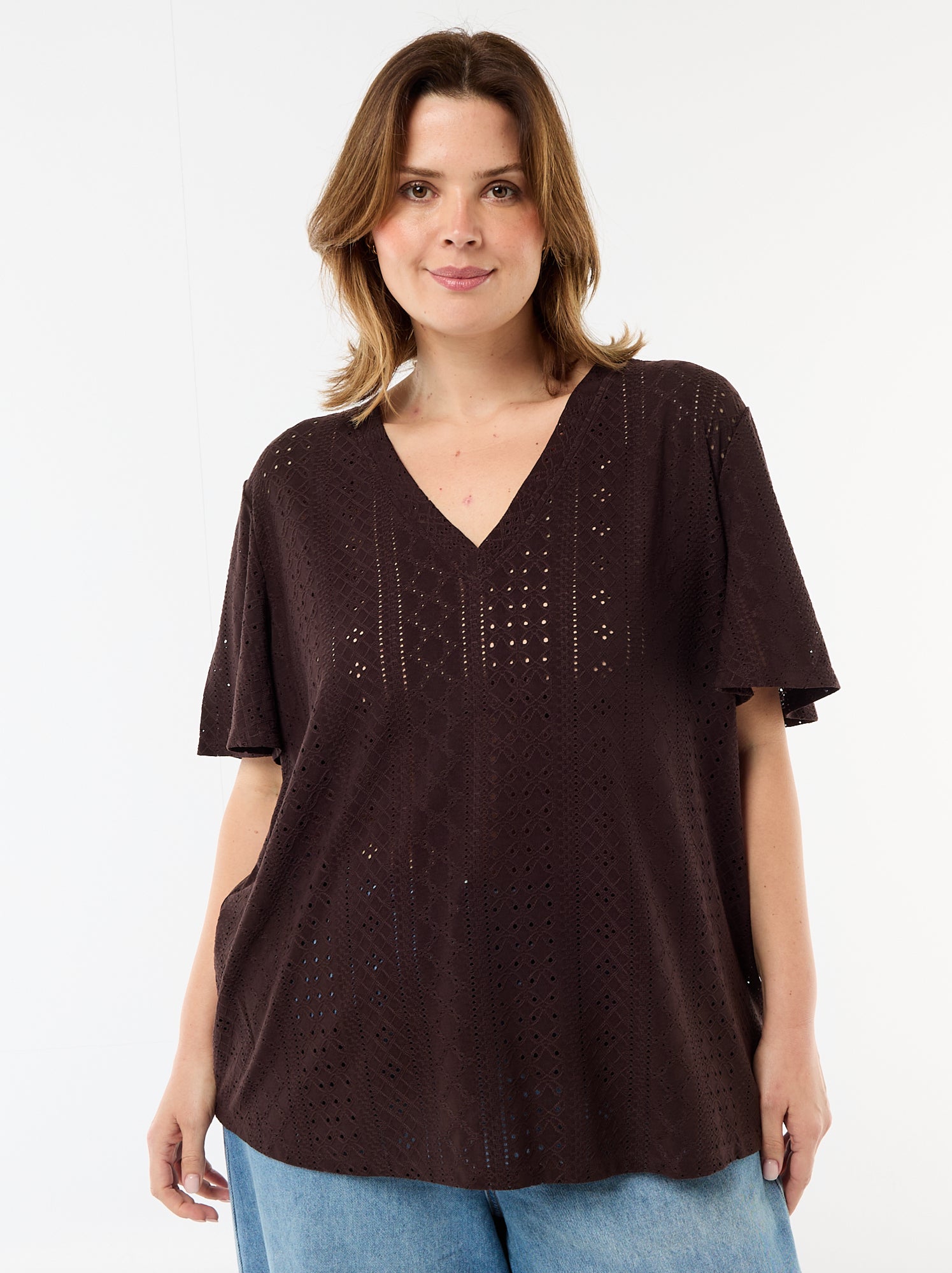 Tee-shirt uni en maille ajourée - Marron
