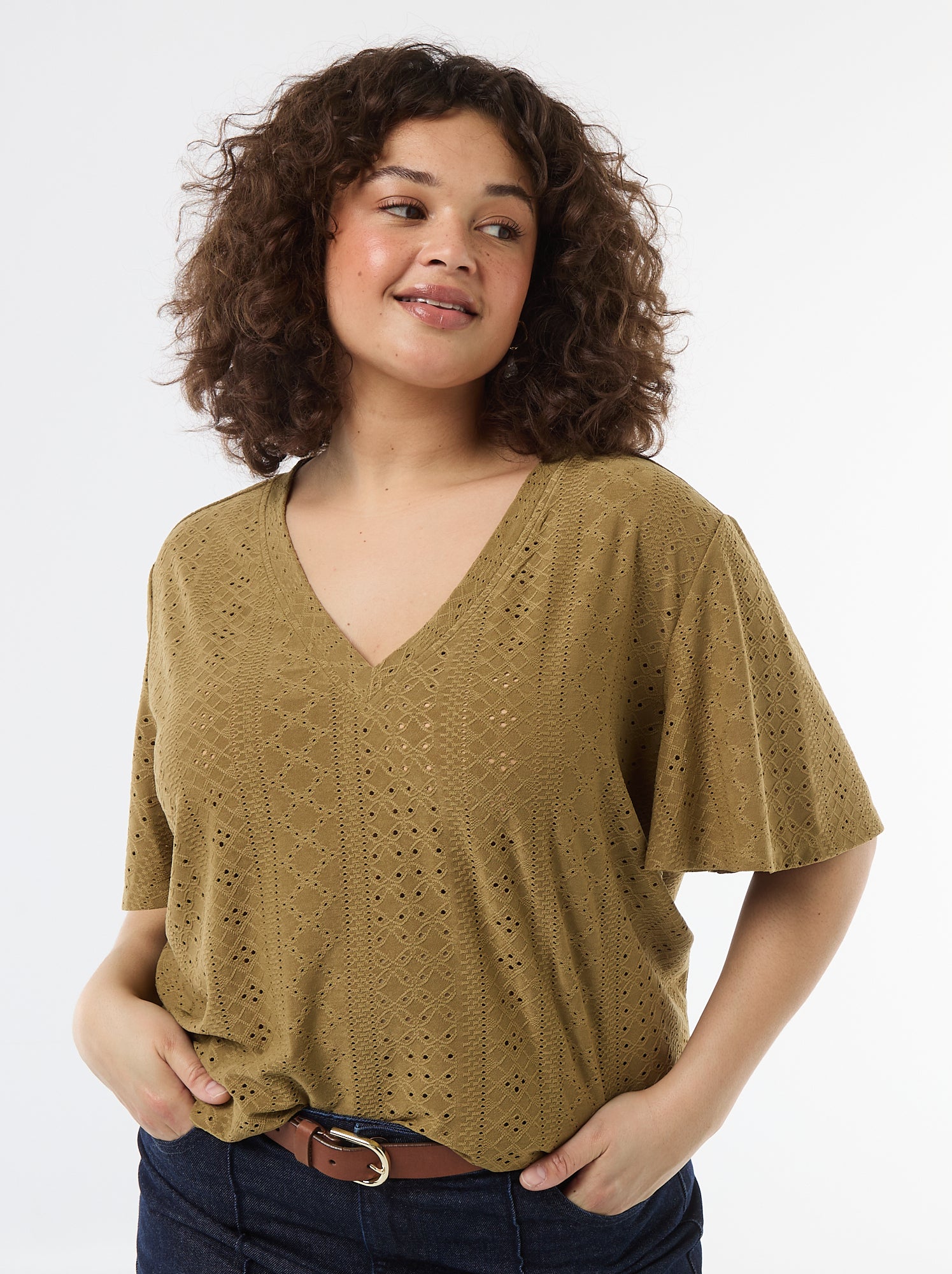 Tee-shirt uni en maille ajourée - Vert