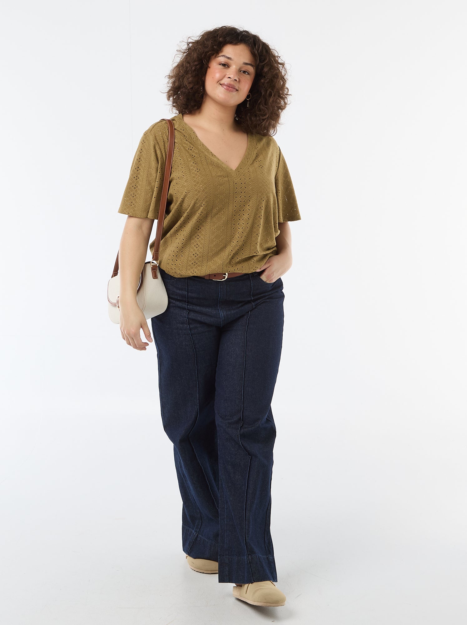 Tee-shirt uni en maille ajourée - Vert