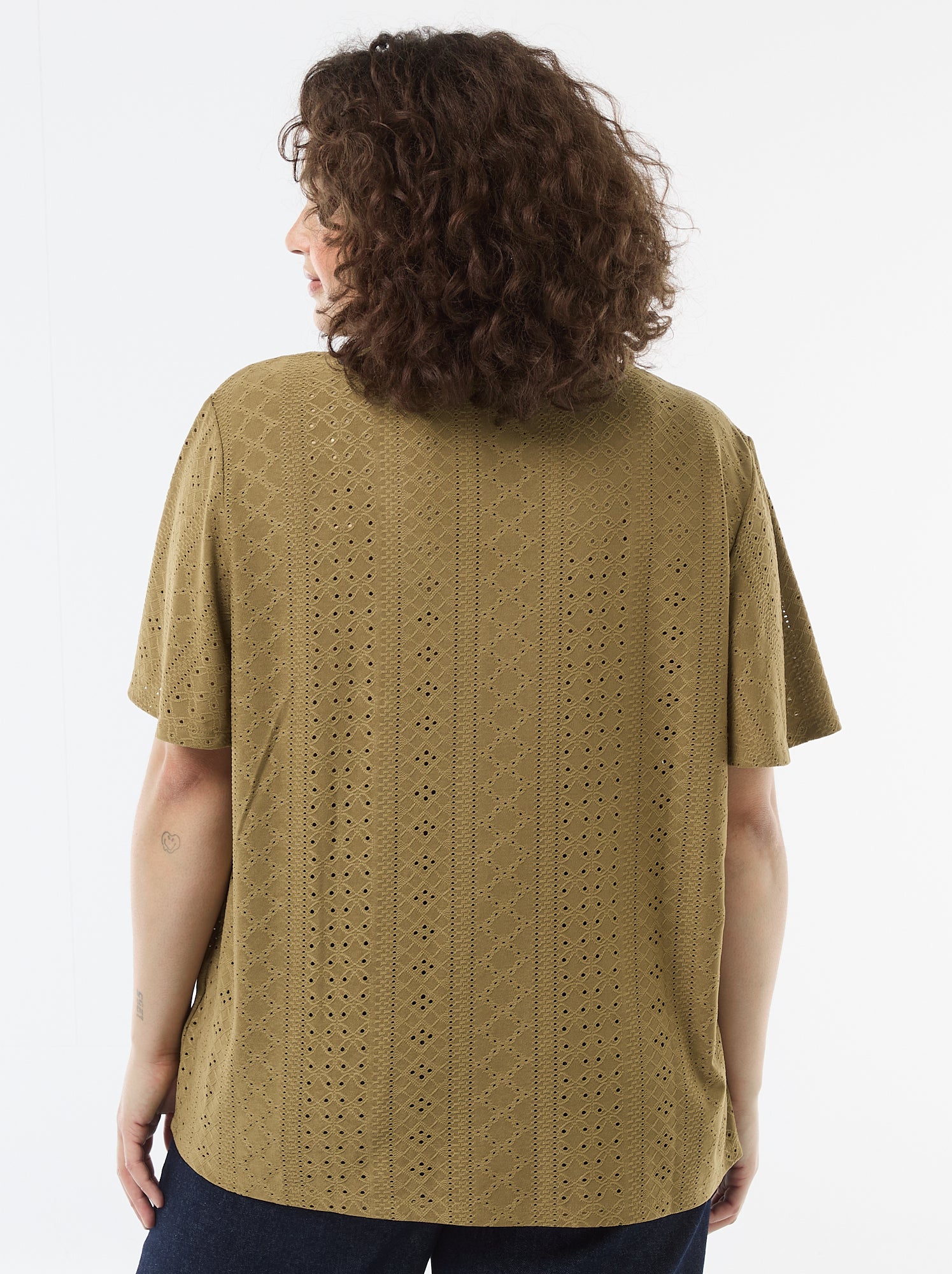 Tee-shirt uni en maille ajourée - Vert