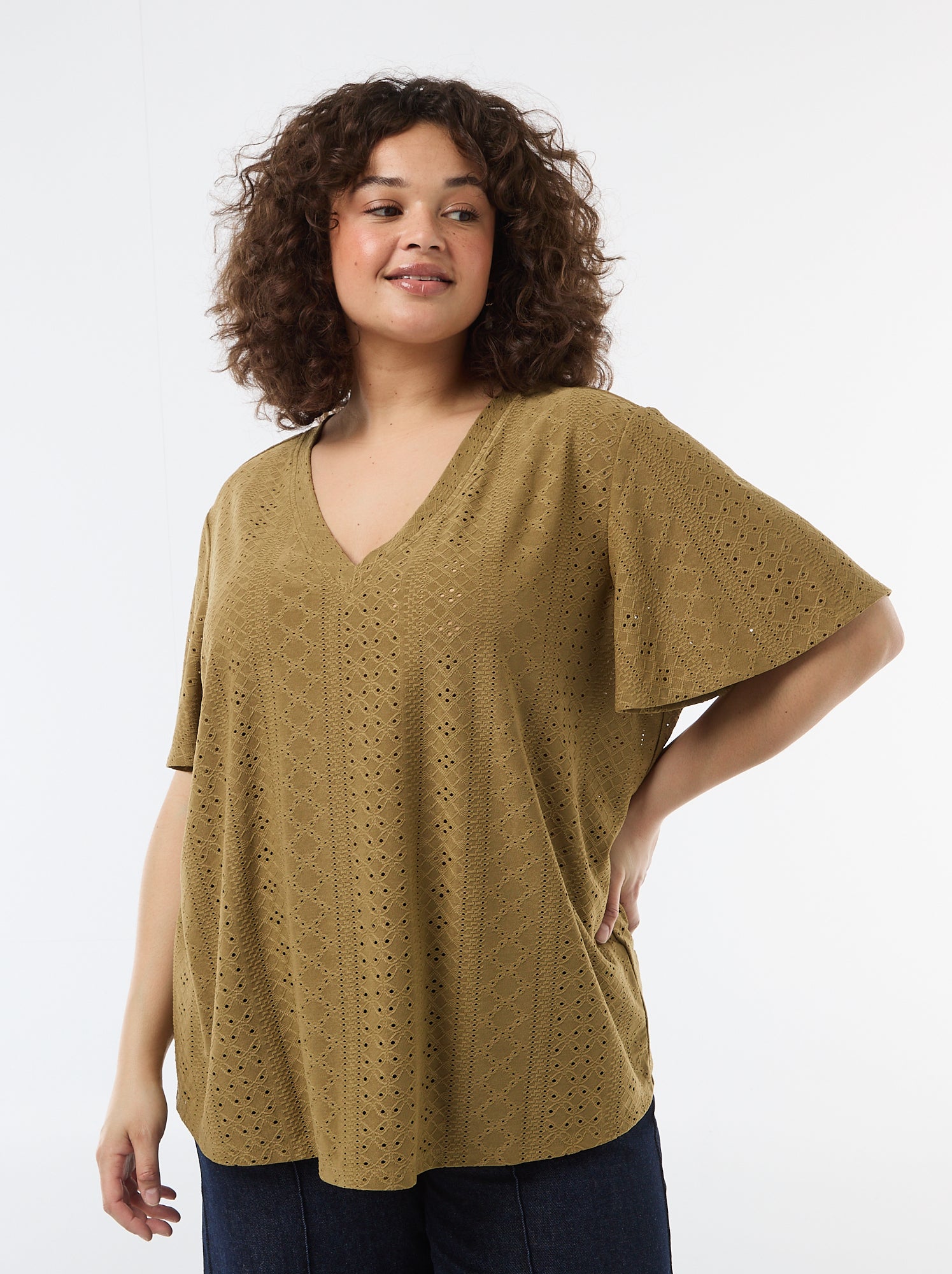 Tee-shirt uni en maille ajourée - Vert