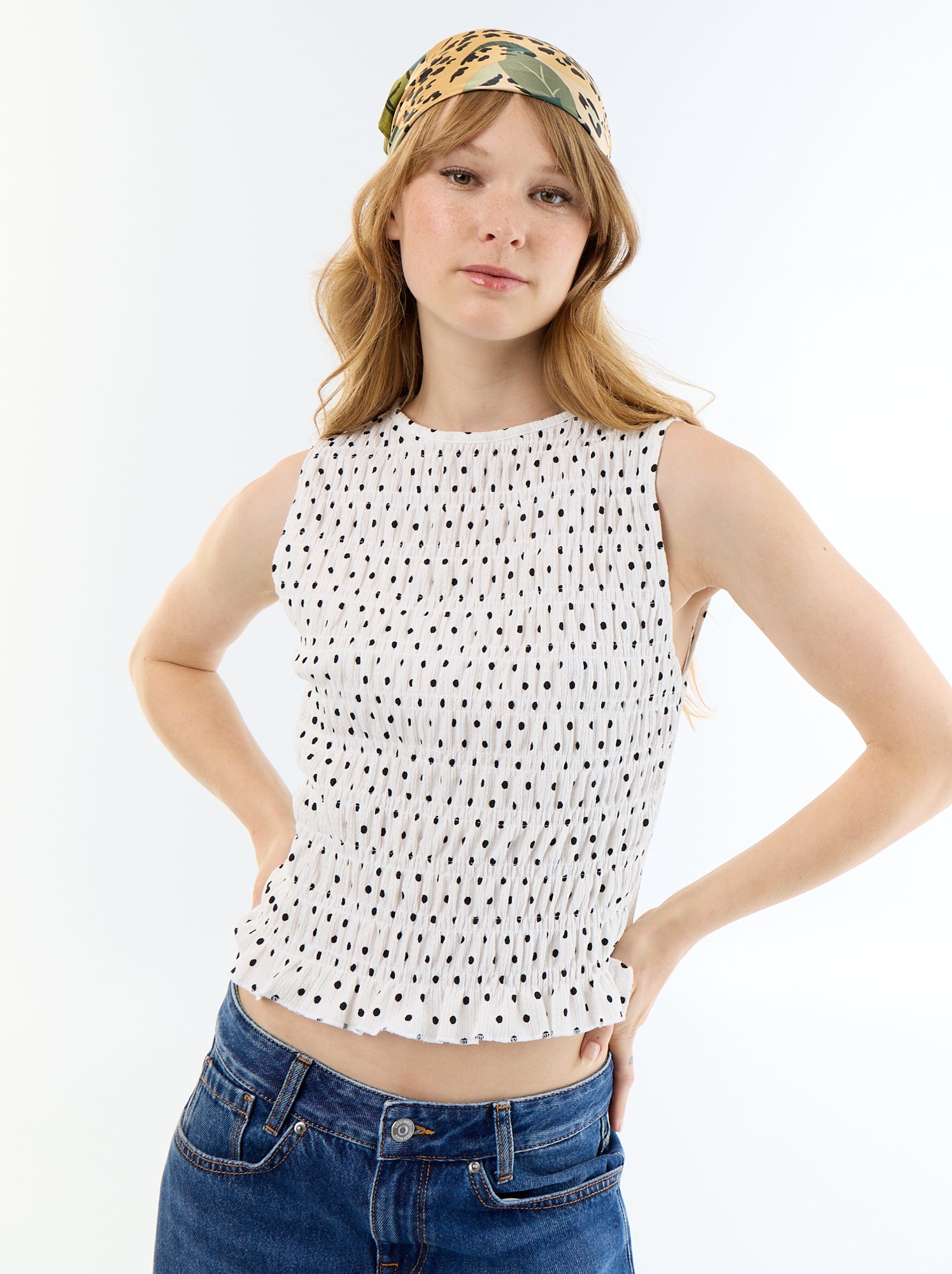 Top en maille gaufrée sans manches - Blanc