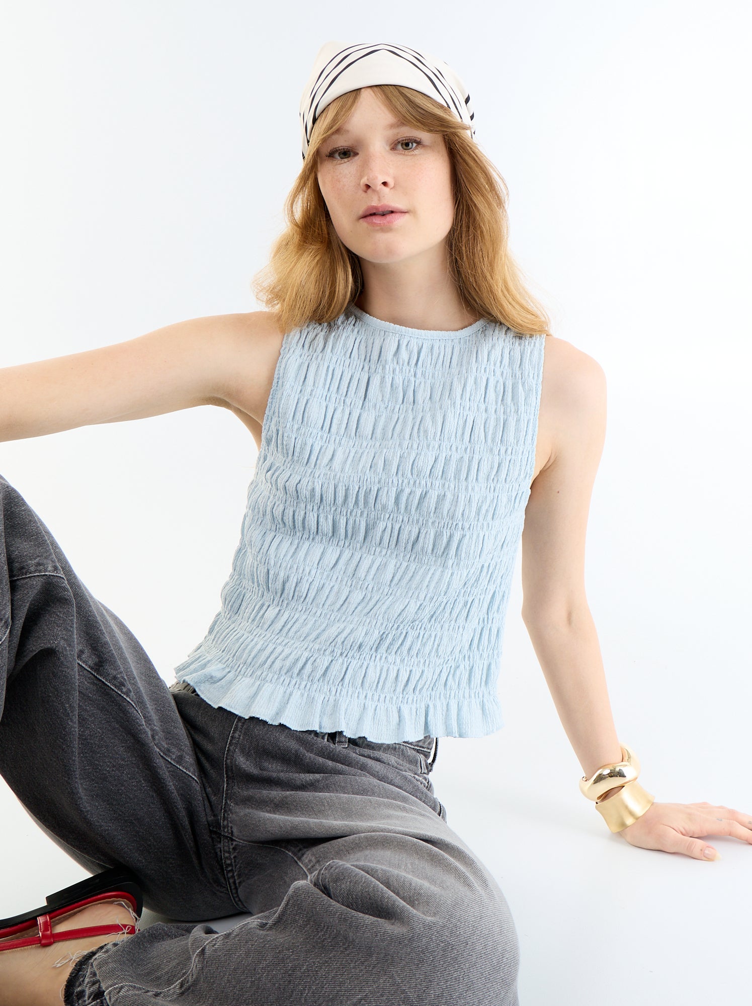 Top en maille gaufrée sans manches - Bleu
