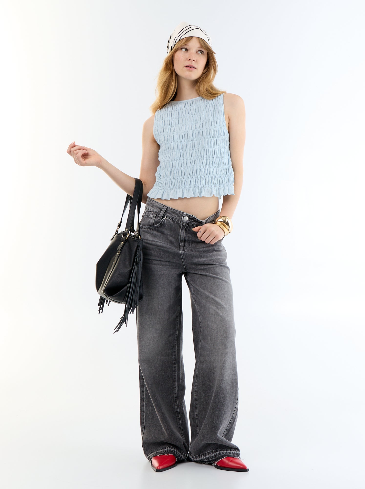 Top en maille gaufrée sans manches - Bleu