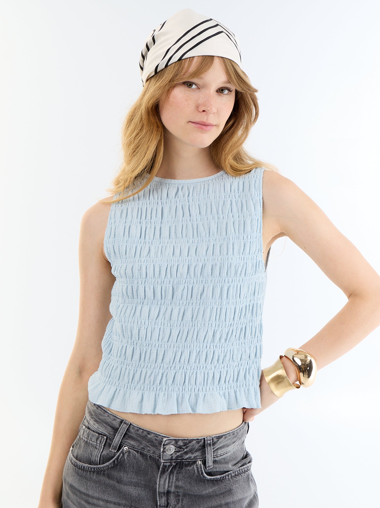 Top en maille gaufrée sans manches - Bleu