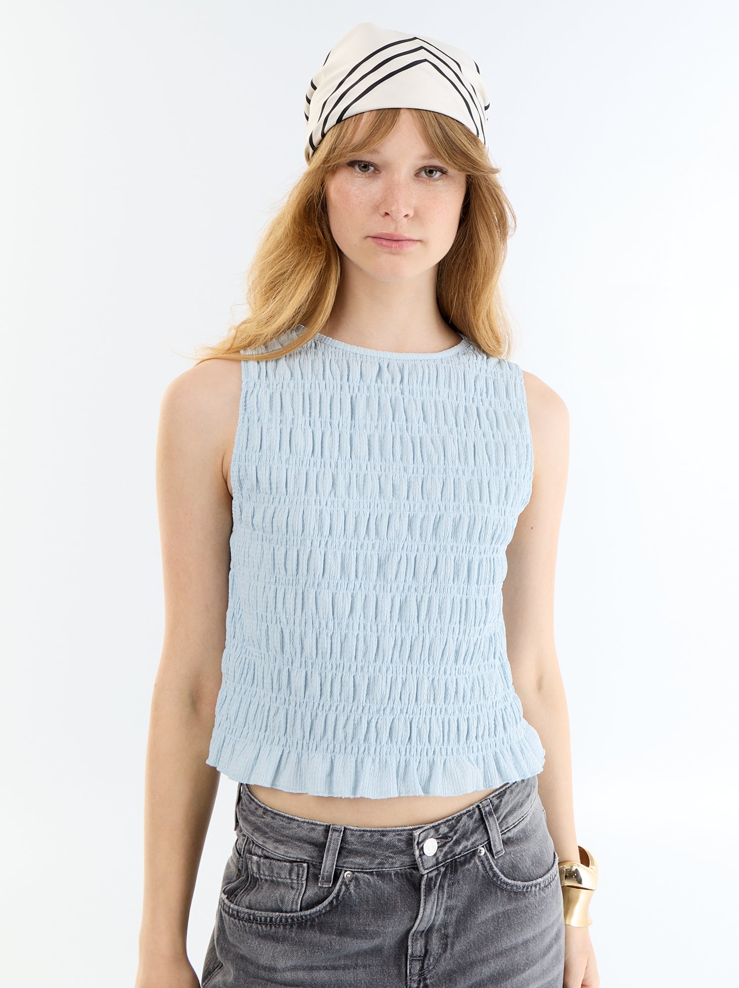Top en maille gaufrée sans manches - Bleu