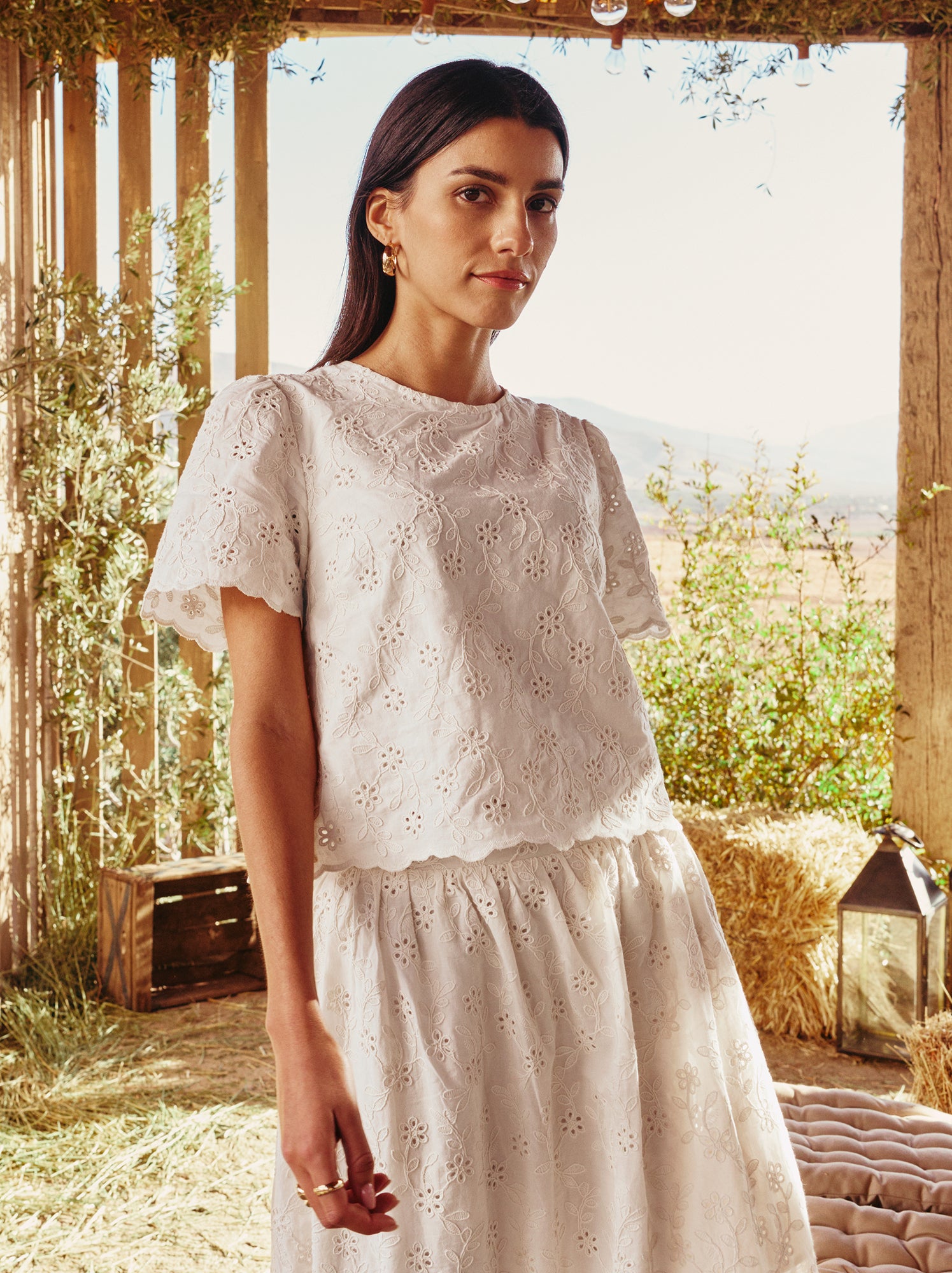Top manches courtes broderies anglaises en coton uni - Beige