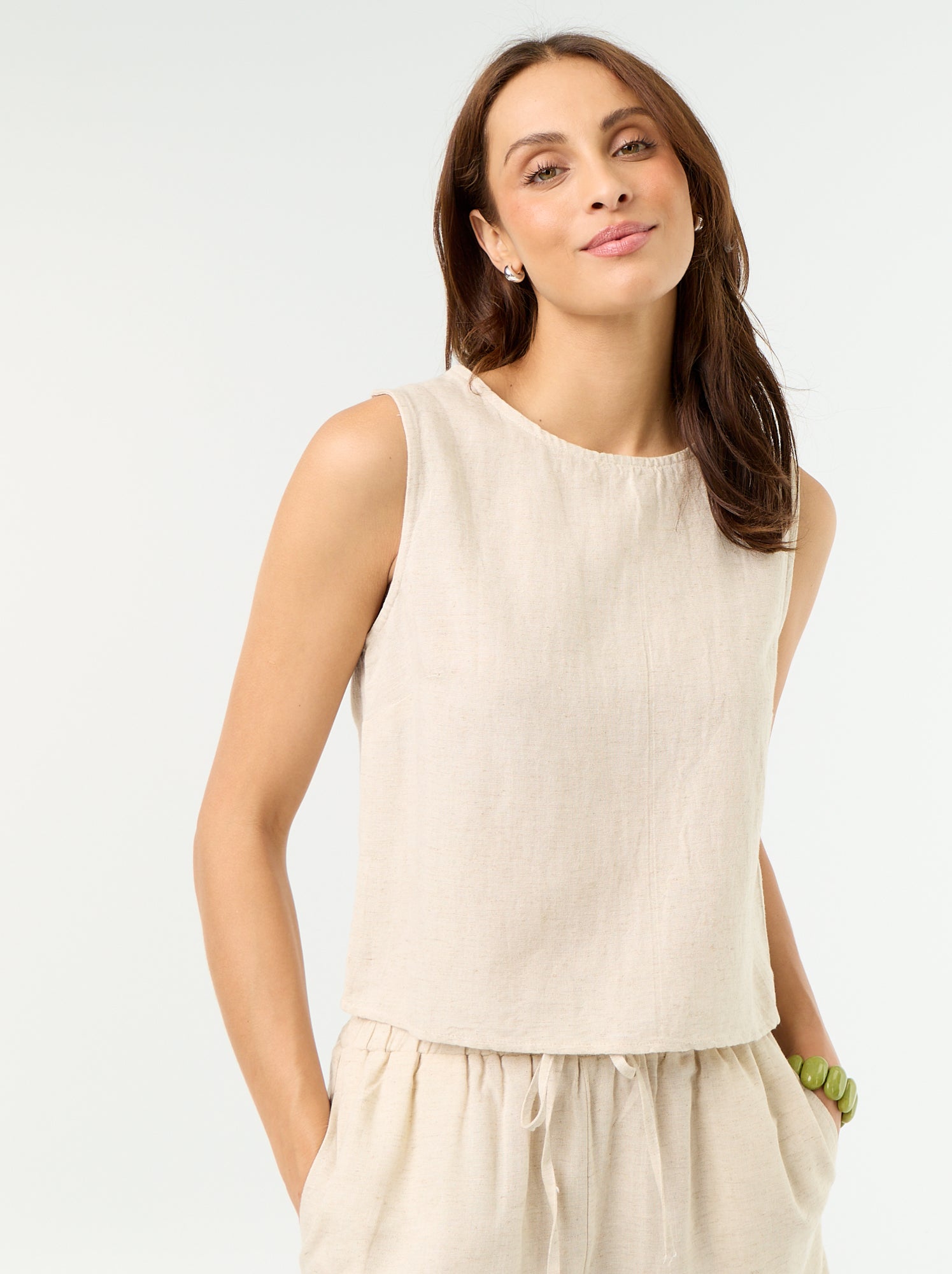 Top sans manches à col rond - Beige