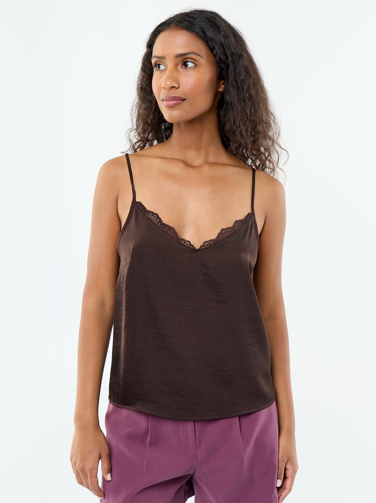 Top satiné avec dentelle - Marron