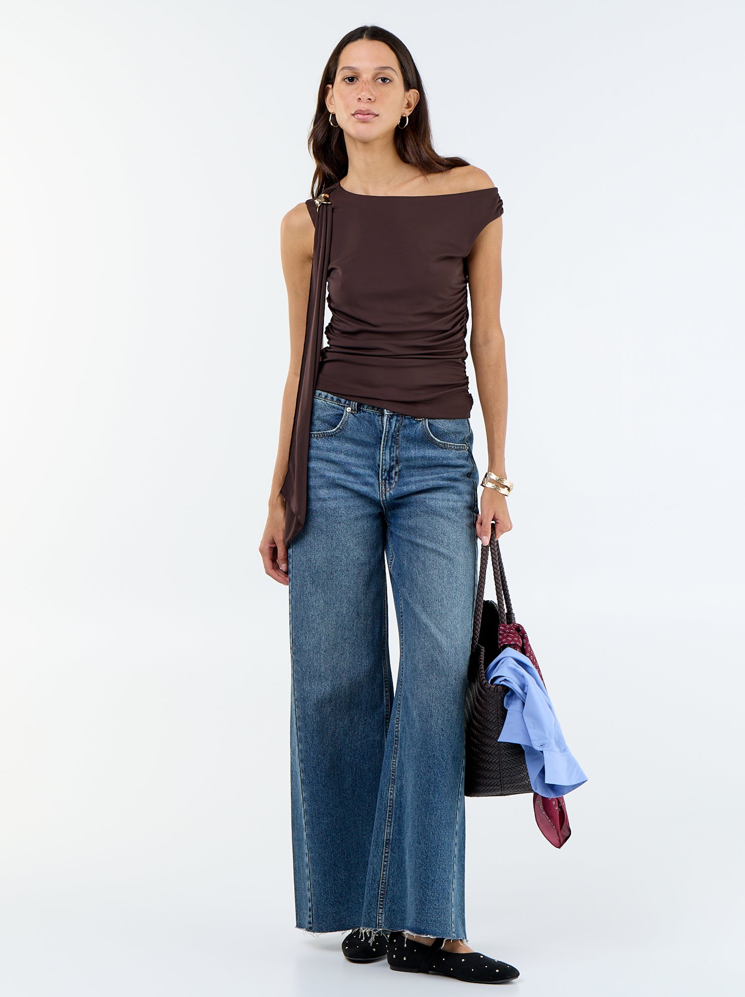 Top stretch uni asymétrique - Marron