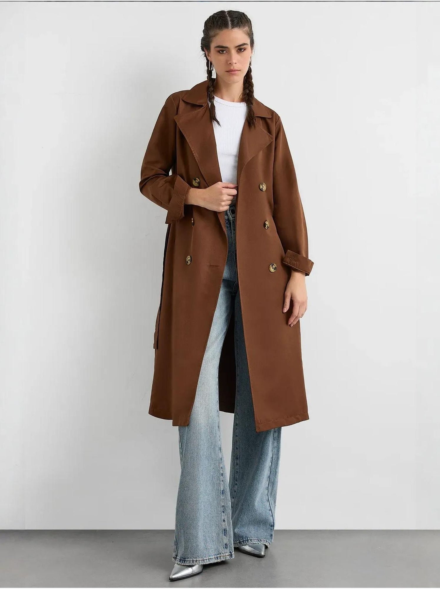 Trench-coat long croisé avec ceinture - Marron